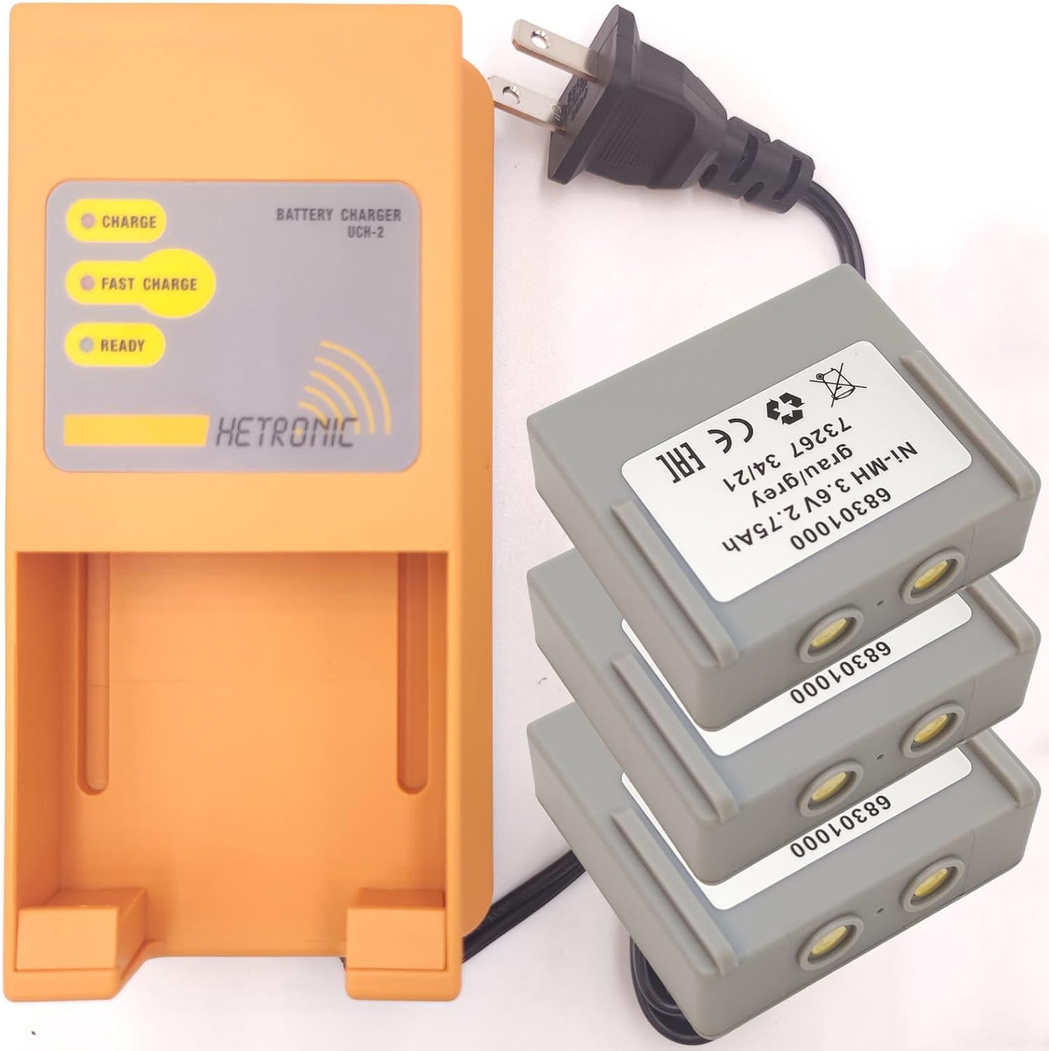 (1 Pack) 110V/220V AC Battery Charger UCH-2 with (3-Pack) 3.6V 2750mAh Hetronic 68301000 68300900 Battery