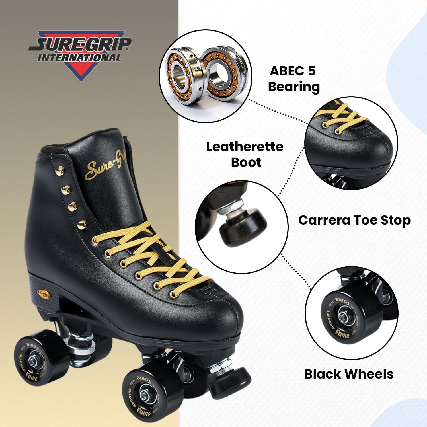 Sure-Grip Fame Black & Gold Unisex Indoor Roller Skates - Vegan Boot with Microfiber Lining - Offers Rock Nylon Plate & Aluminum Trucks - Matching 57mm Fame Black Indoor Wheels - Ideal for Beginners