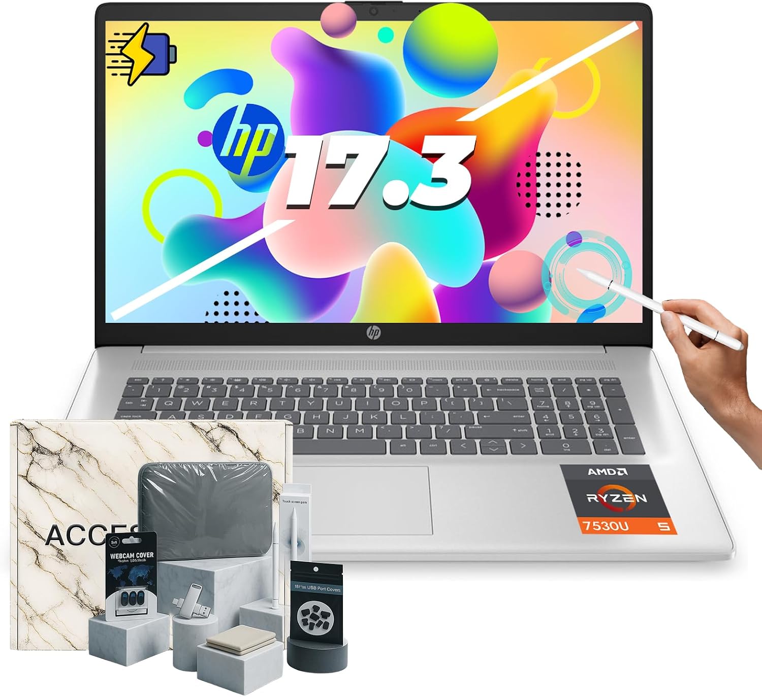 HP 17.3-inch Flagship Touchscreen Laptop - Win 11 Pro • AI-Powered Copilot • AMD R5-7530U • 17.3