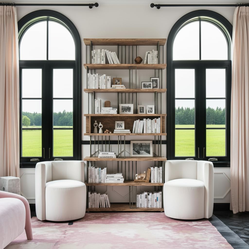 DAVEE Industrial 7-Tier Bookshelf with Storage Cubby, Tall Open Back Bookcase with Metal Frame, Rustic Wood Display Shelf for Living Room, Home Office