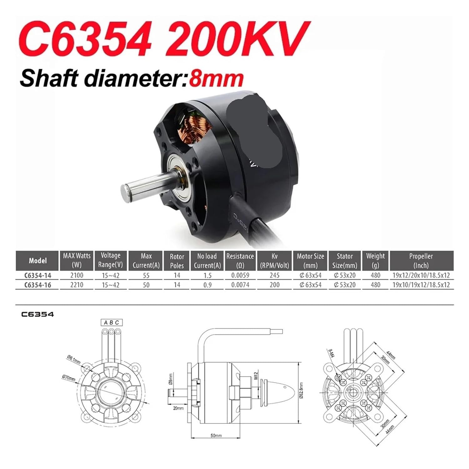 C6354 200KV Outer Rotor Brushless Motor