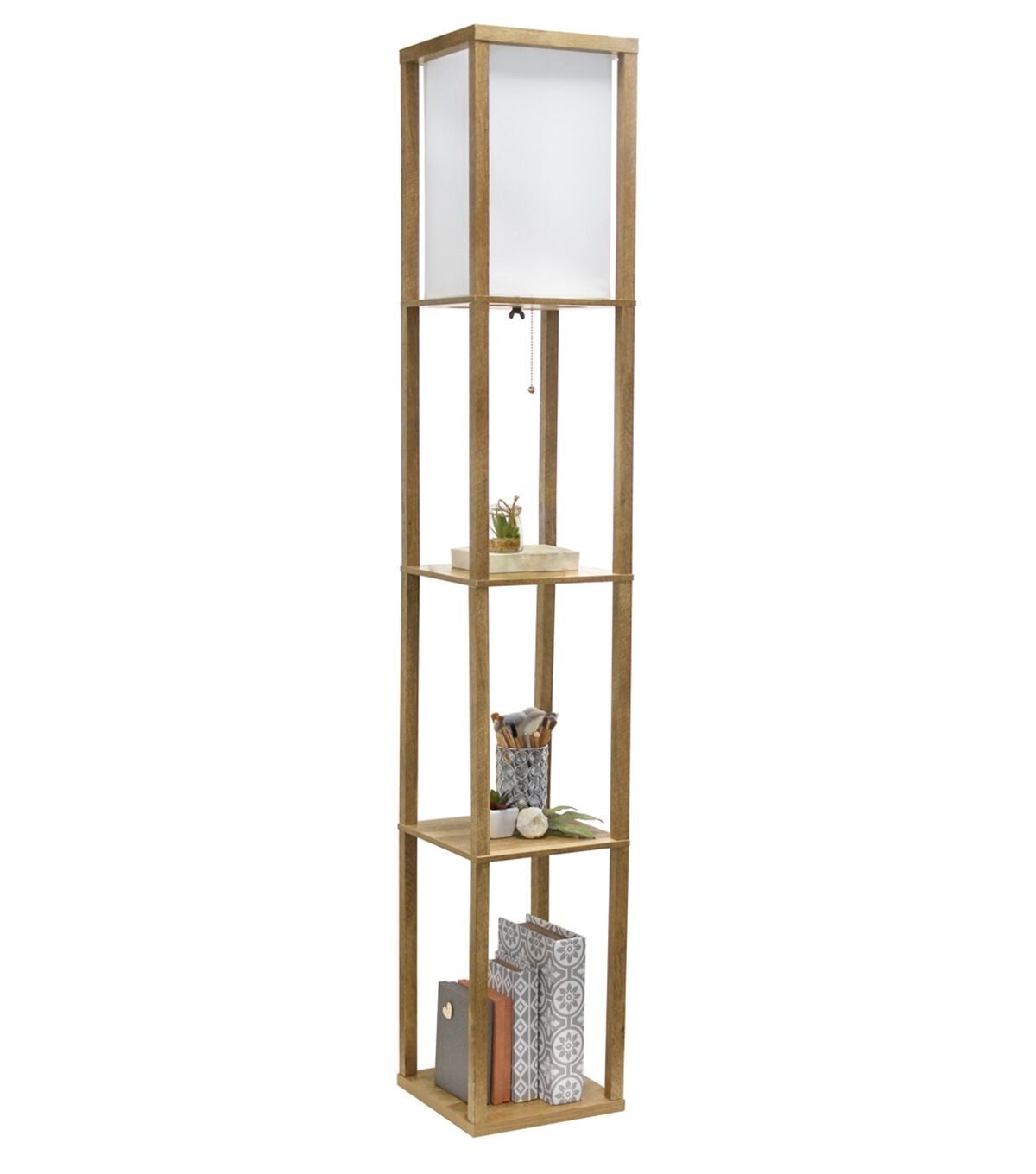 All The Rages 62.5 Wood Floor Lamp 3 Tier Storage Shelf With Linen Shade