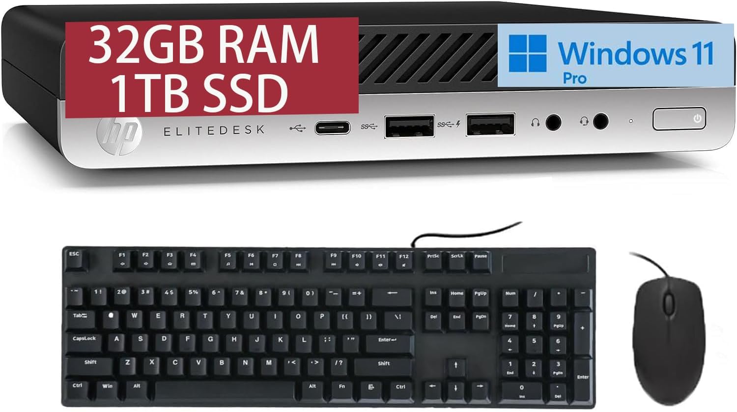 HP EliteDesk 800 G5 Mini Business Desktop PC, Core i5-9500T up to 3.7GHz, 32GB DDR4 RAM, 1TB SSD, Keyboard and Mouse, WiFi, Windows 11 Pro (Renewed)