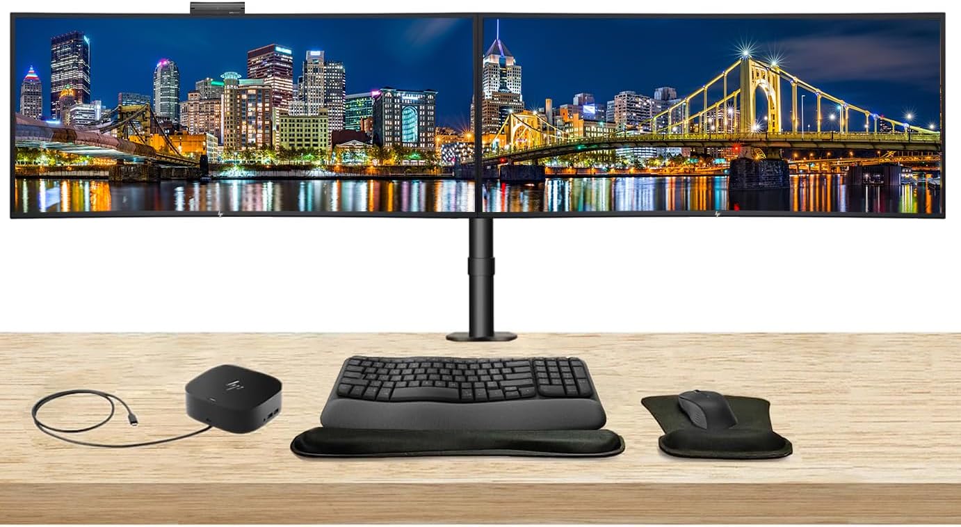 HP Series 5 Pro 34-inch 534pm Curved 2K WQHD Conferencing Monitor, 2-Pack Bundled with Desk Mount Stand, USB-C Multiport G5 Dock, MK650 Wireless Keyboard & Mouse, Gel Mouse & Wrist Pad