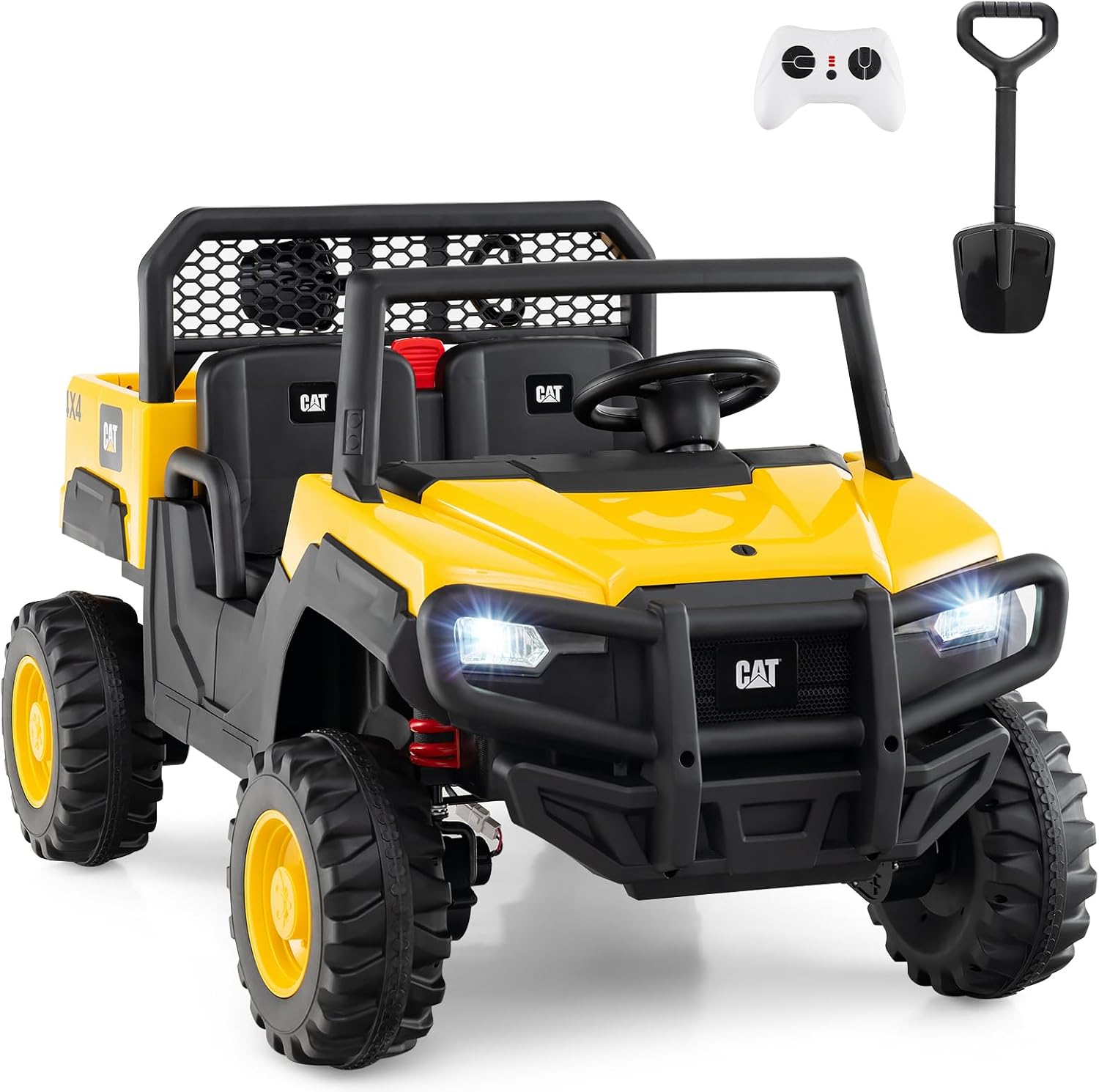 Costzon 2-Seater Licensed Caterpillar Ride on Dump Truck, 24V Kids Car Electric Vehicle with Remote Control, 4 x 100W Motors, Soft Start & Spring Suspension, Kids UTV with Dump Bed, Gift, Yellow