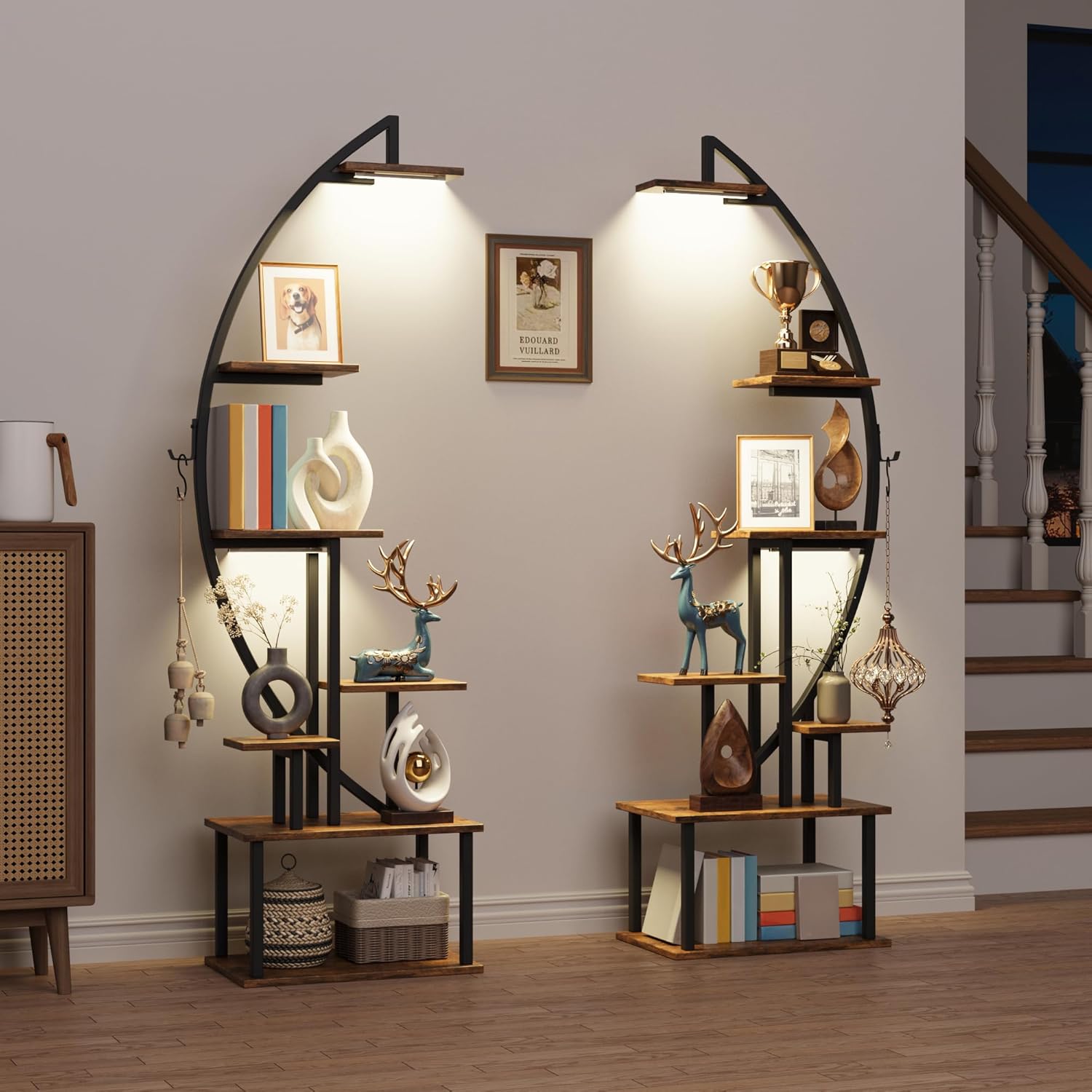 BECOKOME Tall Bookshelf with Lights, 2 Pack Ladder Bookcase, 7 Tier Arched Home Office Storage Book Collectibles Shelves, 64