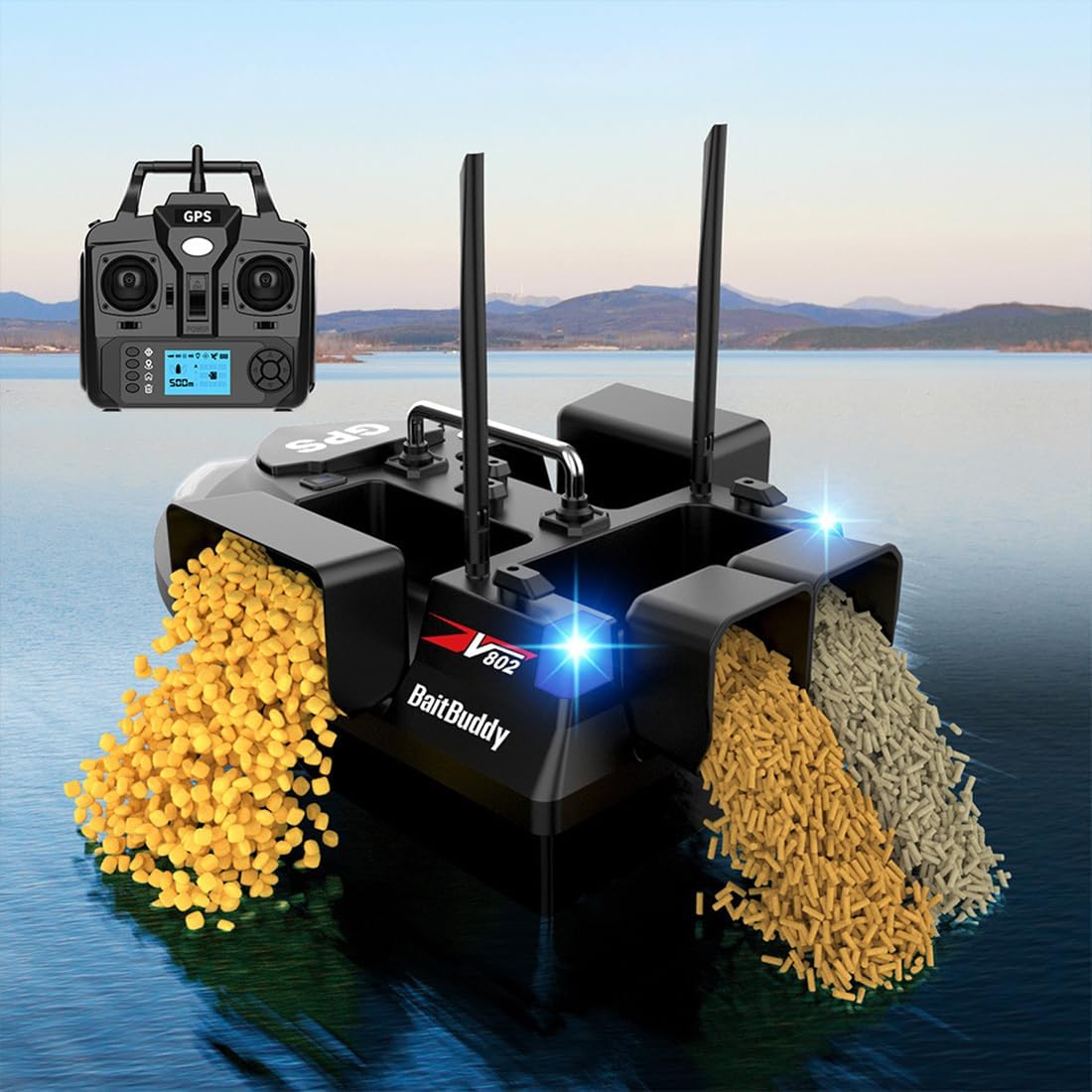 V802PRO 4‑Compartment GPS RC Bait Boat, 3kg Large Capacity, 500m Range, Auto Cruise & Return, Night Lights, DIY Fishing RFID Boat for Adults & Anglers