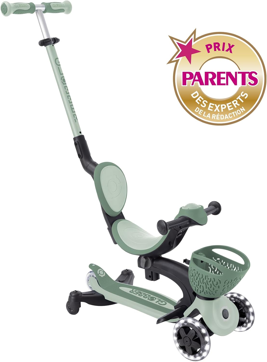 Globber - GO•UP Baby 360 Lights - Scalable Scooter 3 Wheels with Seat and Backrest for Children from 15 Months to 6 Years, Sage Green