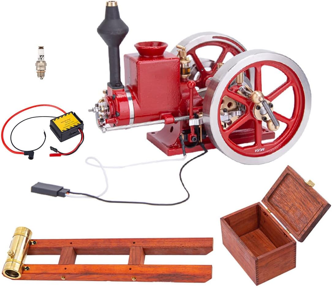 Kooteyybhyy Engine Model Kit, HM-01 Internal Combustion Model Hit and Miss Engine Model+Base Equipment Box+Fuel Tank+Oil Pipe+CDI Igniter+Spark Plug (Assembled Set)