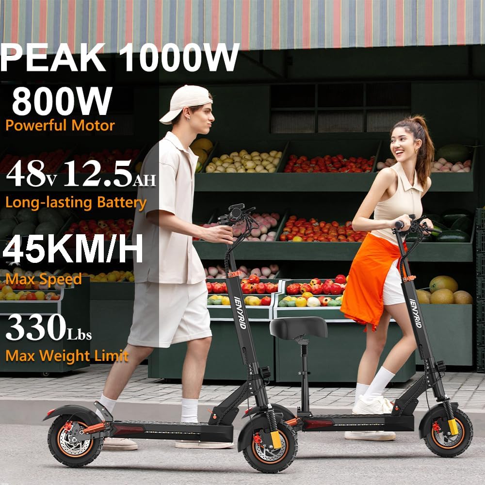 Electric Scooter 12.5Ah, 25-40KM 28MPH, 1000W Adults Scooter with Seat & Dual Braking & Triple Shock Absorber, 10