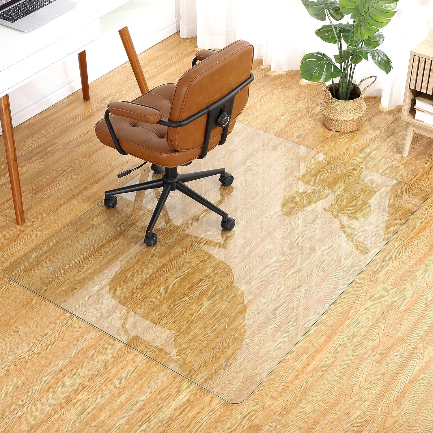 60x46 Inches Tempered Glass Office Chair Mat, 0.2 Inch Thick, 1000 Lbs Capacity, Transparent Floor Mat with Round Corner and Polished Edges, Rolling Computer Chair Mat for Office