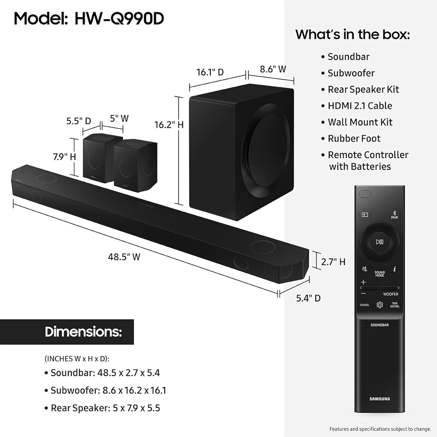 SAMSUNG Q990D 11.1.4ch Soundbar w/Wireless Dolby Atmos Audio