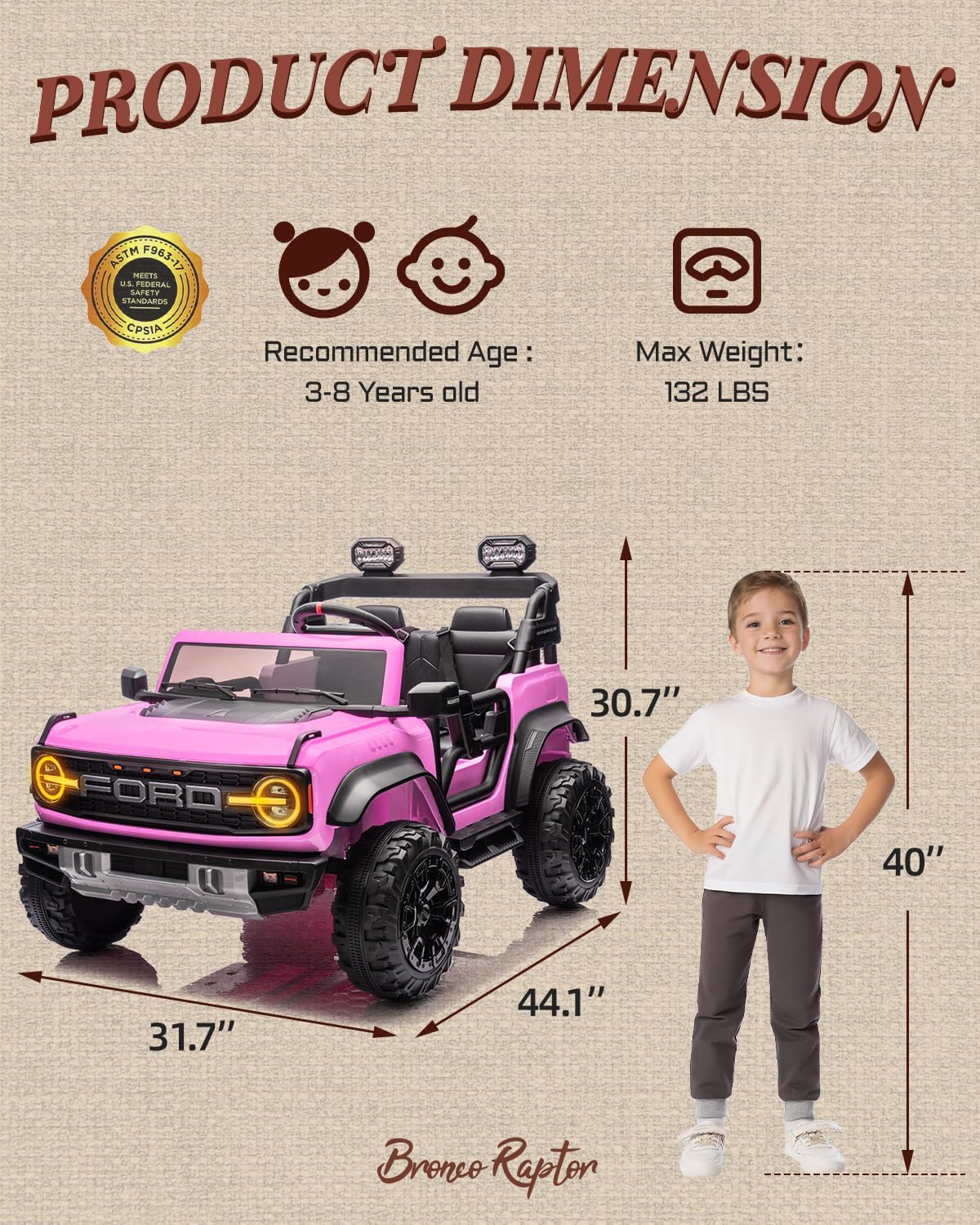 First Ride On 24V Ride on Toys for Big Kids, Licensed Ford Bronco Raptor 2 Seater Ride on Cars with Remote Control, Ride on Truck w/ 4-Wheeler Suspension, 3 Speeds, Led Lights, Bluetooth (24V, Pink) | First Ride On, 24V, for Big Kids, 2 Seater, with
