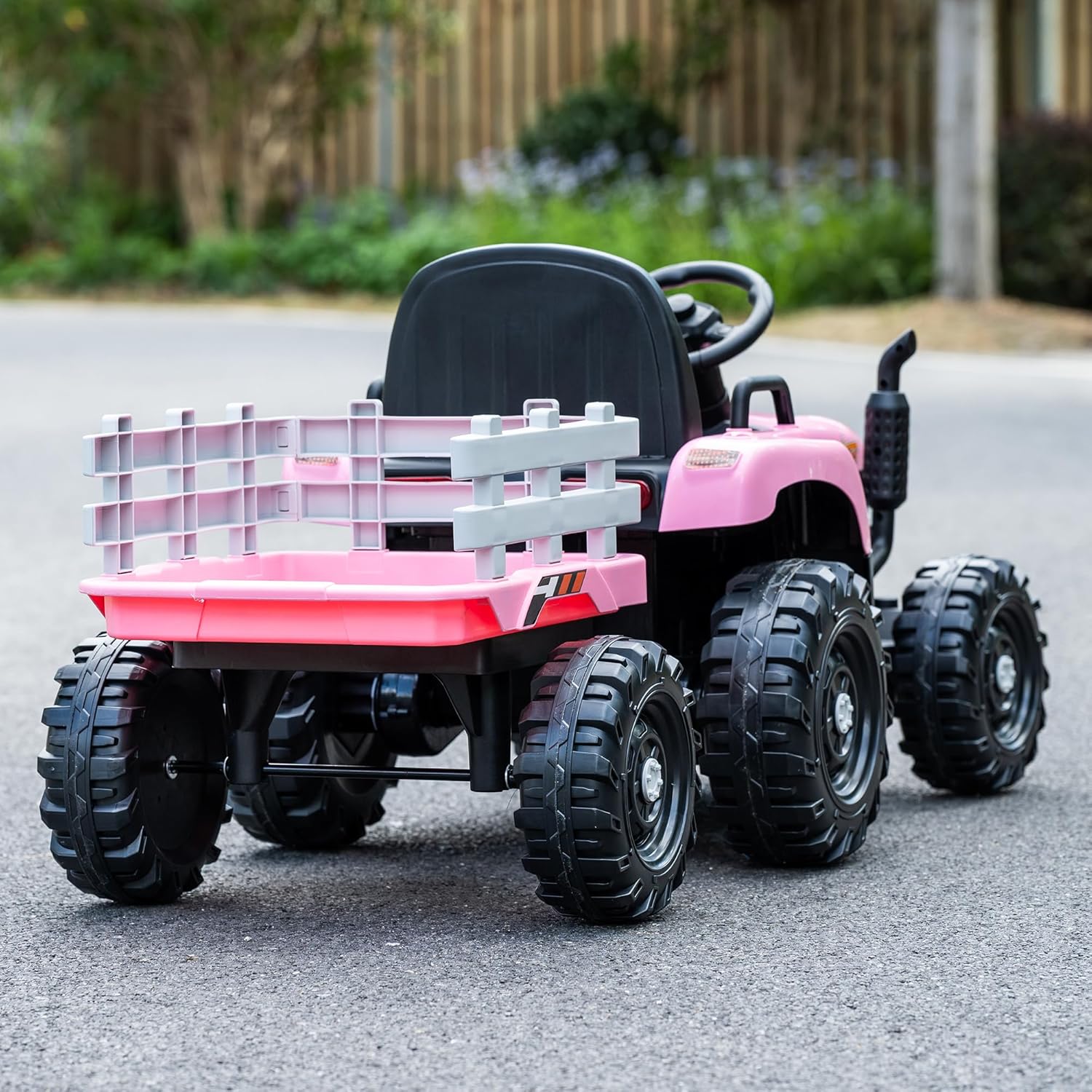 24V Battery Operated Tractor for Kids with Trailer, 400W Motors 6-Wheel Power Vehicle, Remote Control, Music, 3-Speed, Outdoor Ride On Toy Gift for Girls, Pink