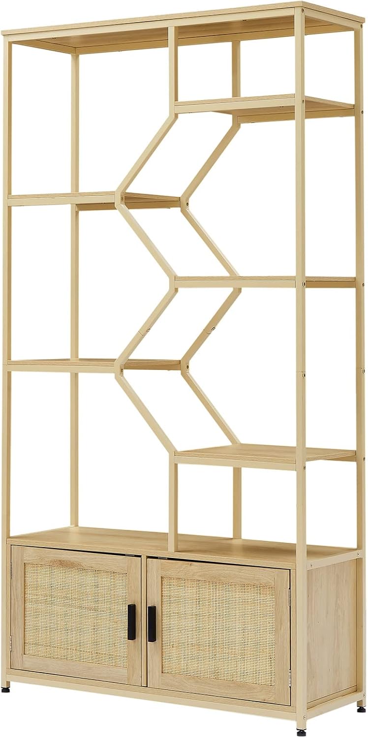 AMEOBA Rattan Bookshelf 7 Tiers Bookcases Storage Rack with Cabinet for Living Room Home Office（Natural，39.4’’w x 13.8’’d x 75.6’’h）