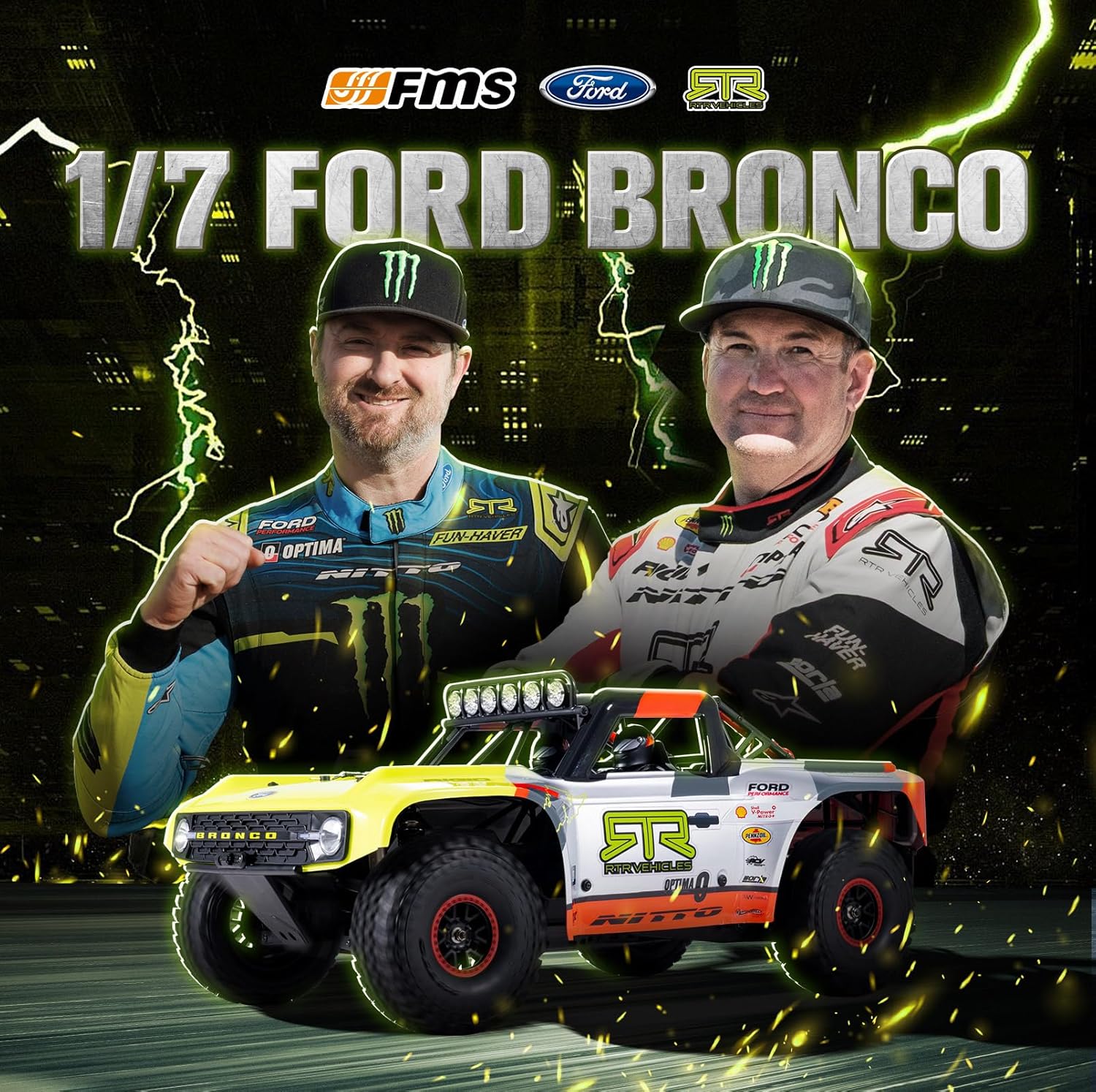 FMS 1/7 Ford Bronco RTR EB Fast RC Truck – Licensed by Ford & RTR Vehicles, 80km/h Short Course Truck, 4WD Brushless RC Car, CNC Metal Parts, Off-Road Rock Crawler 4x4 for Adults (2024 paint scheme)