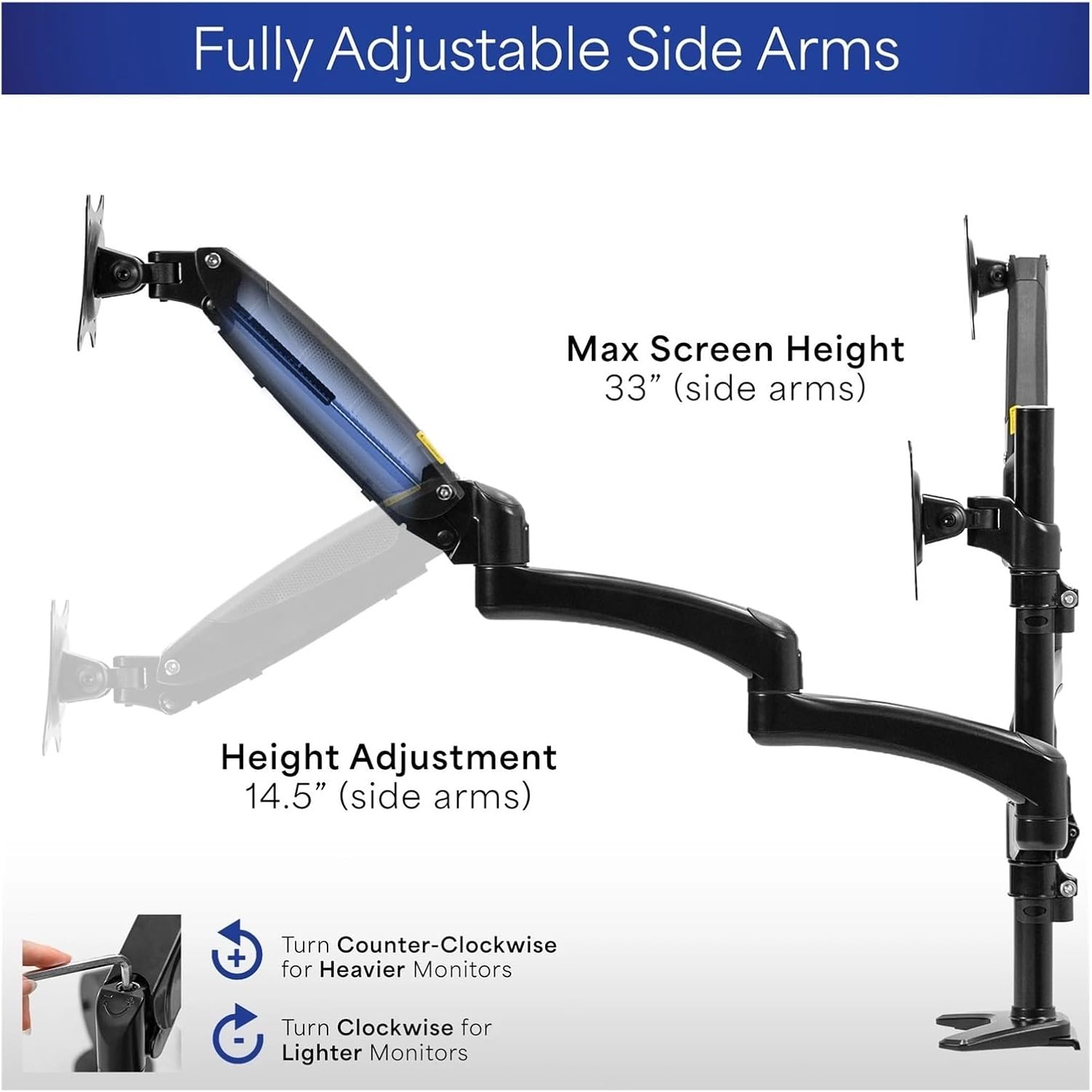 Black Triple Stand, 2 Pneumatic arms, 1 Fixed Screen, 3 Screens, up to 32 inches