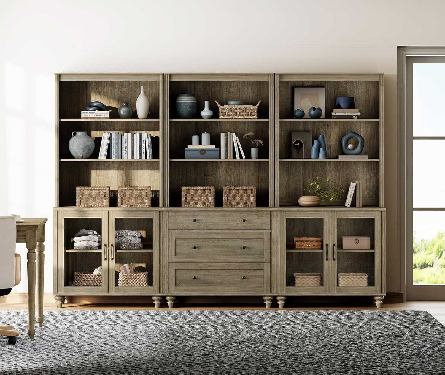 WAMPAT Gray Wash Bookcase with Glass Doors & Drawers Set of 3, 5 Tier Bookshelf, 72'' Tall Book Case Shelf, Large Wood Bookcases Farmhouse Bookshelves for Living Room Bedroom Home Office Kitchen