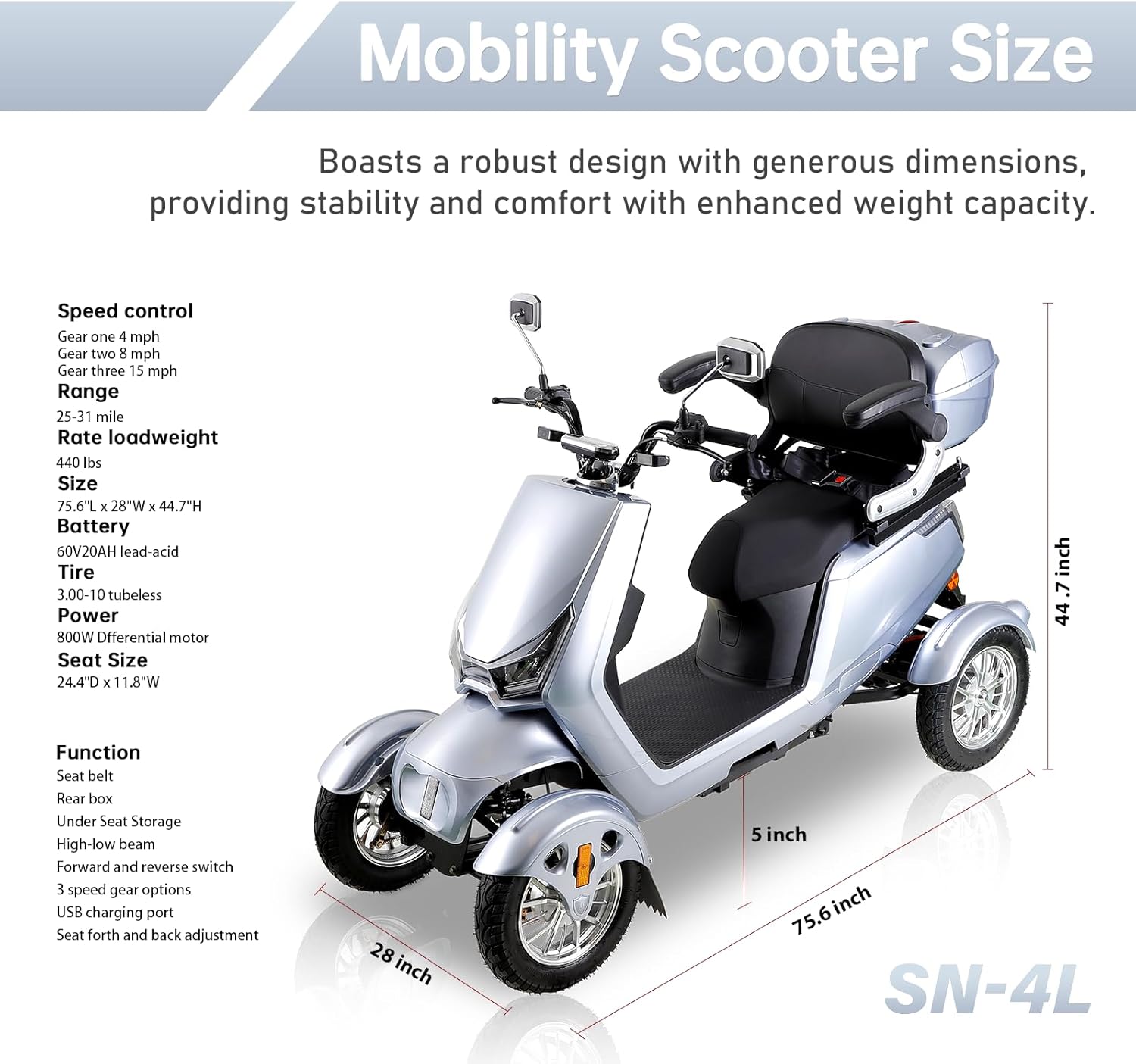 Mobility Scooters for Seniors & Adults 400 Lb Weight Foldable,All-Terrain 4-Wheel Heavy Duty Portable Scooter,Disability Mobile Electric Wheelchair,Luxury Seat and Front Rear Led Lights,Silver