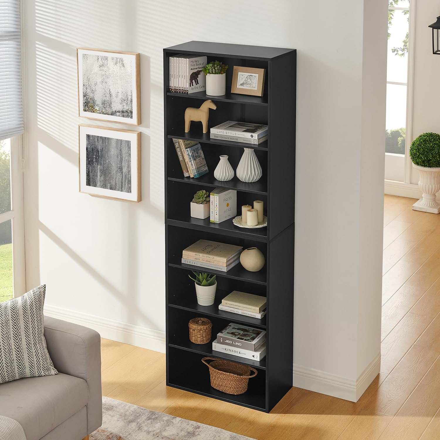 QUAOPEFURN Chic Black MDF 8-Layer Display Shelf - Multi-Functional CD DVD Storage Cabinet with Adjustable Shelves, Perfect for Home & Office Decor!