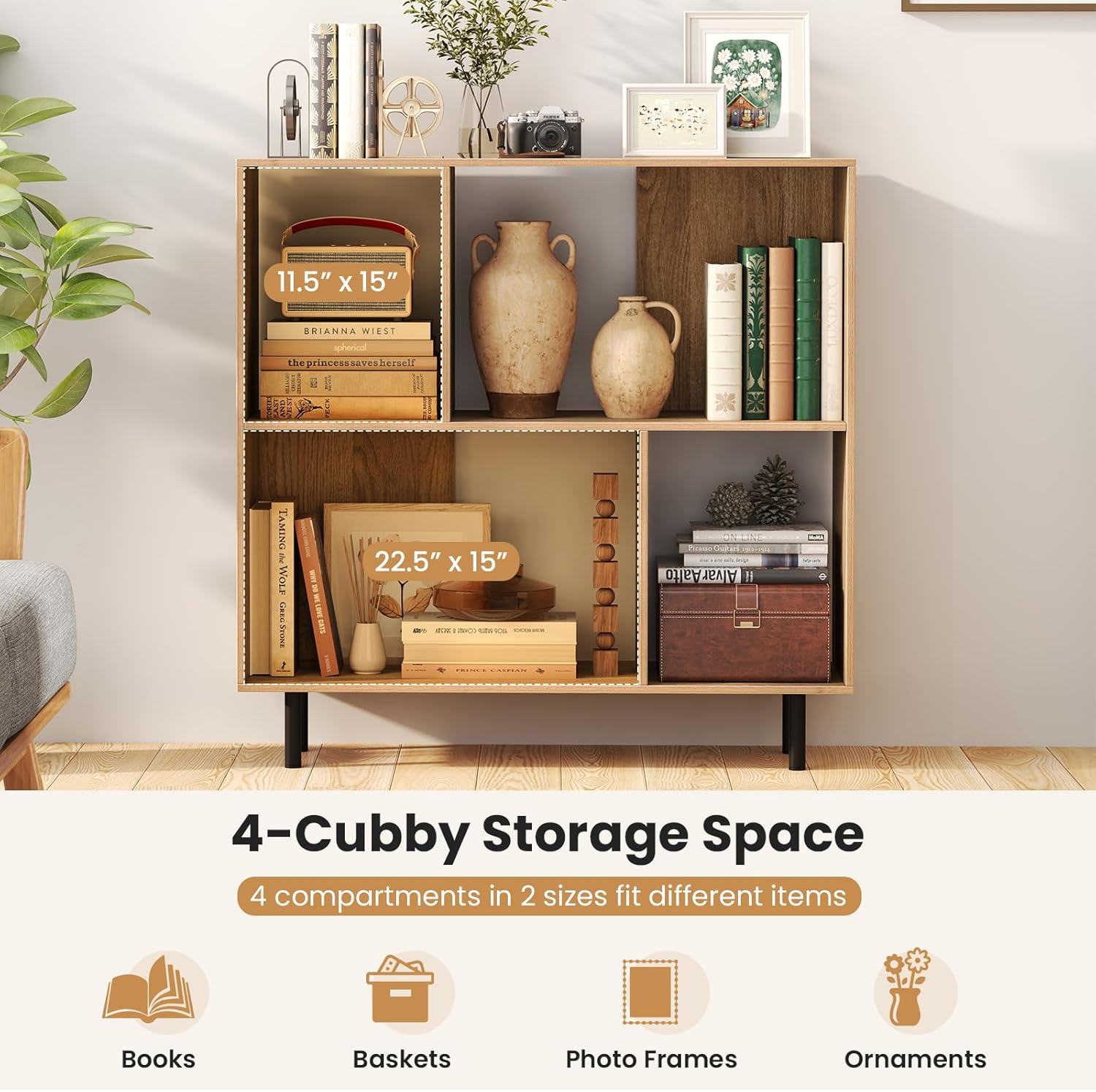 Tangkula 4 Cubby Open Bookcase, 3-Tier Freestanding Bookshelf with Detachable Metal Legs, Anti-toppling Device, Anti-Falling Baffles, Modern Cubicle Display Shelf (2,Natural)