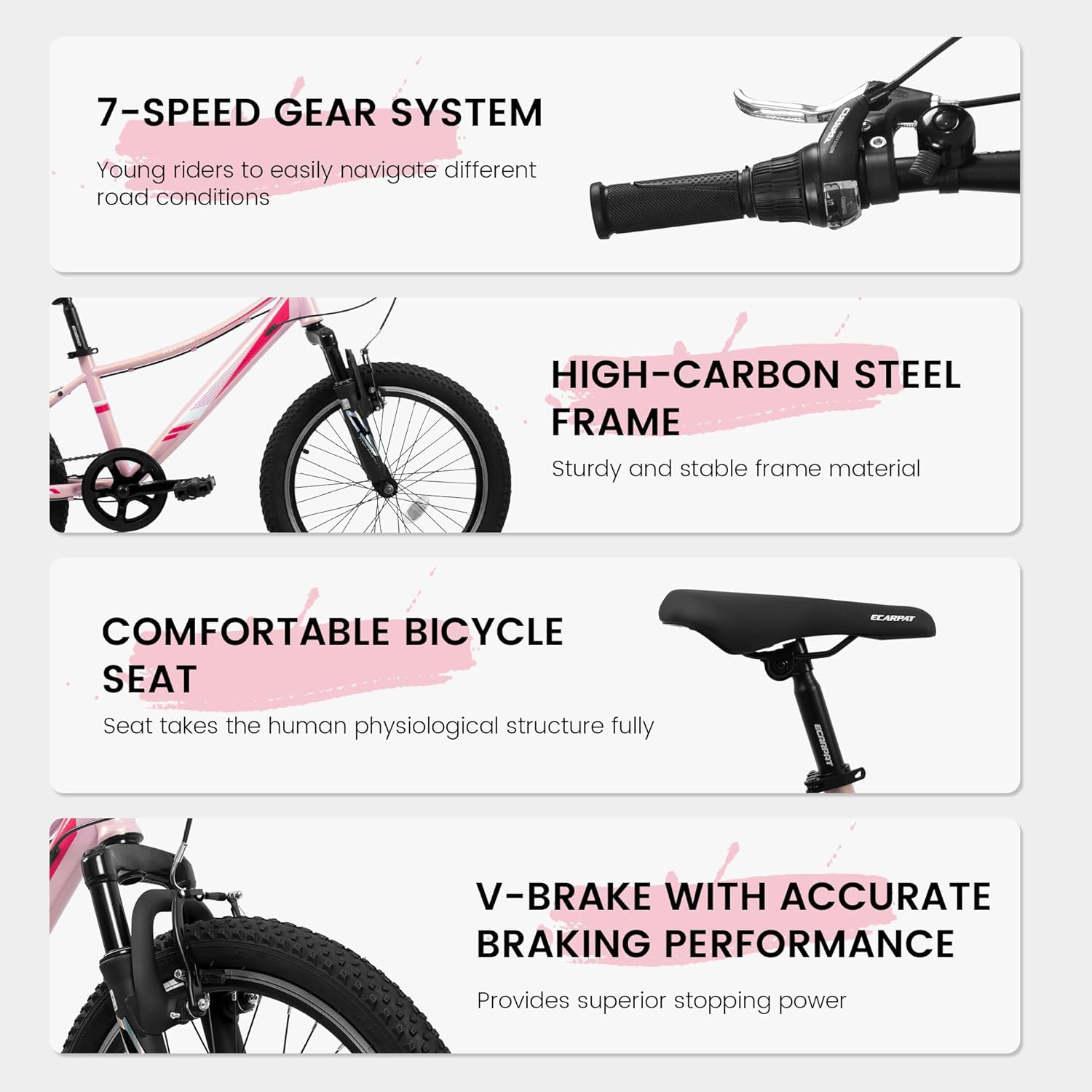20 inch Children's Bicycle, Shock Absorbing Front Fork, 7 Speed, V Brakes, Mountain Tire, Kids Bike for Outdoor Adventure,Aerodynamic Riding Position-Pink