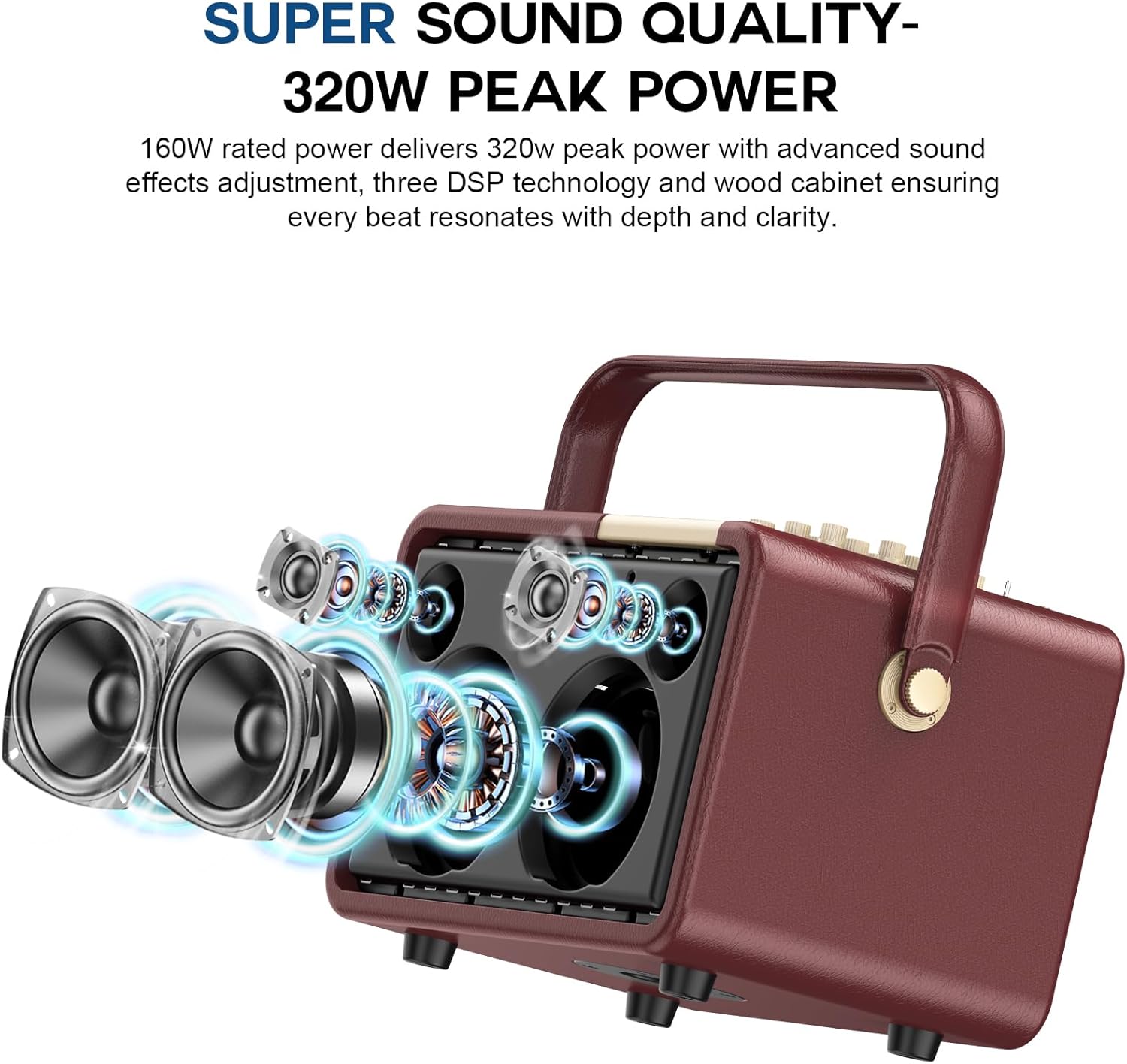 Large Bluetooth Speaker 320W Peak Powerful HIFI Loud Sound with Deep Bass, Triple DSP Chips, Fast Charge, Bass/Treble controls, Portable Wireless Boombox Speakers for Party Outdoor Camping Backyard