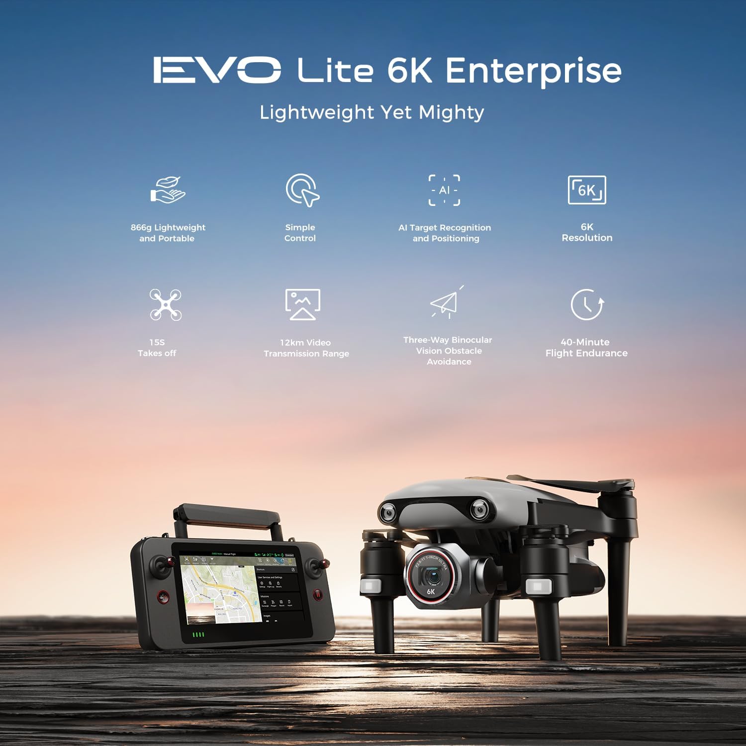Autel Robotics EVO Lite 6K Enterprise, 1'' CMOS 6K Camera, F2.8~F11 Aperture,16x Digital Zoom, 40 Minutes Flight, 2026 AI Target Recognition, 12KM Transmission, Autel Smart Controller SE V2