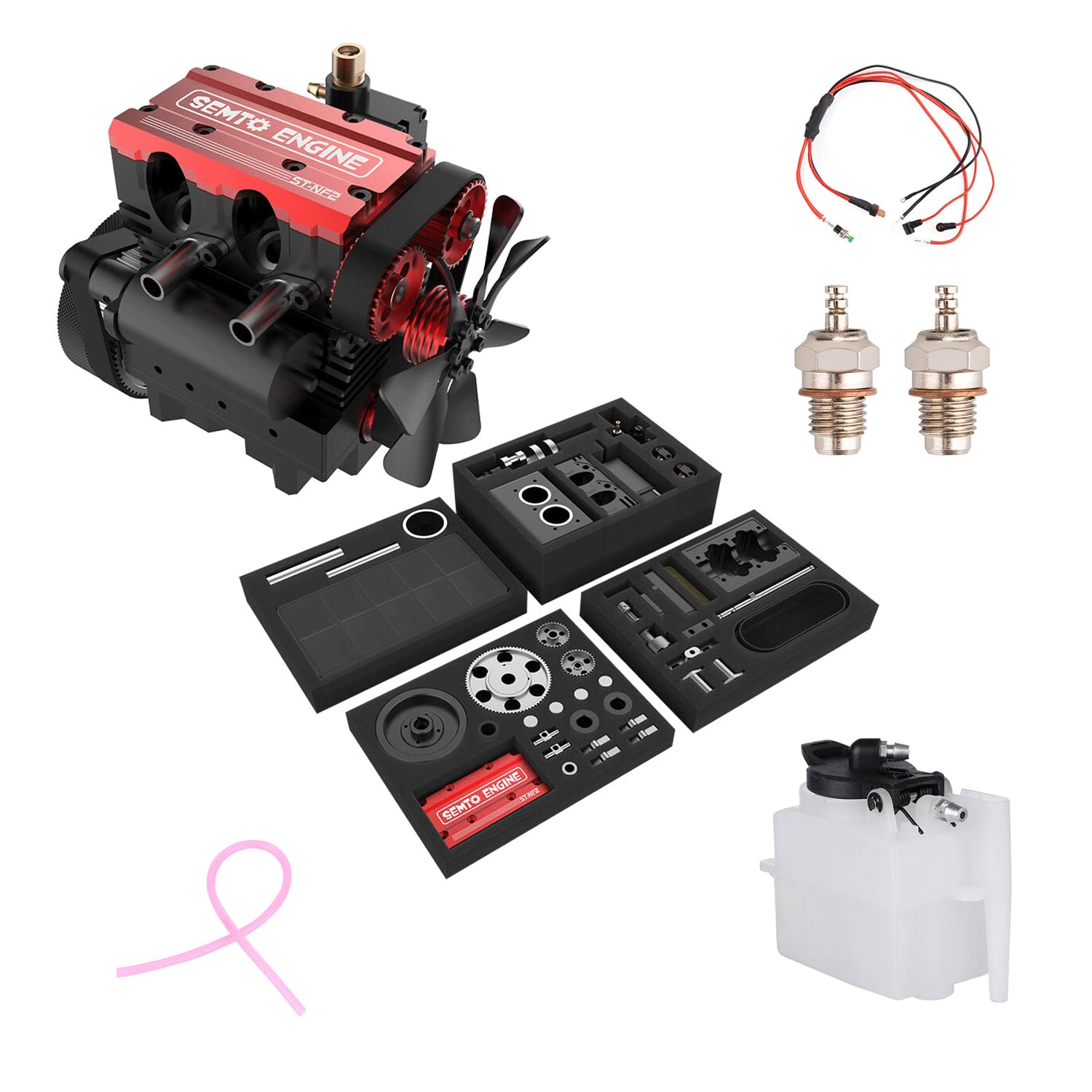 SEMTO ST-NF2 7cc Engine Model Kit That Works, L2 Mini Inline 2-Cylinder 4-Stroke Air-Cooled Motor Science Interal Combustion Engine That Runs for STEM Enthusiasts - with Starter Kit