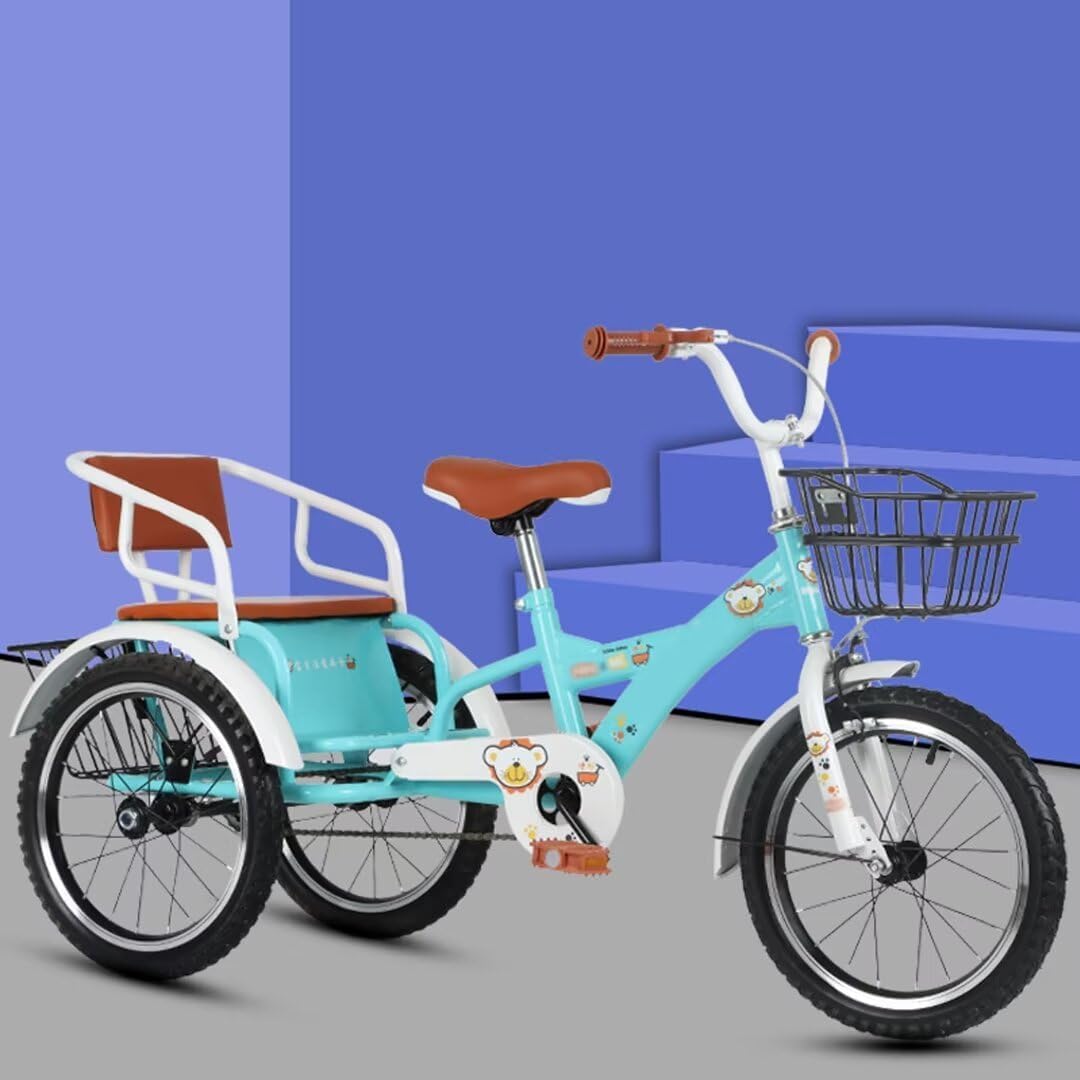 Large Pedal tricycles with Inflatable Wheel,3-8 Years Old Tandem Bicycle,Kids Trikes with Hidden seat Storage Compartment,3-Wheel Bike,Front Rear Basket (Blue 18 in)