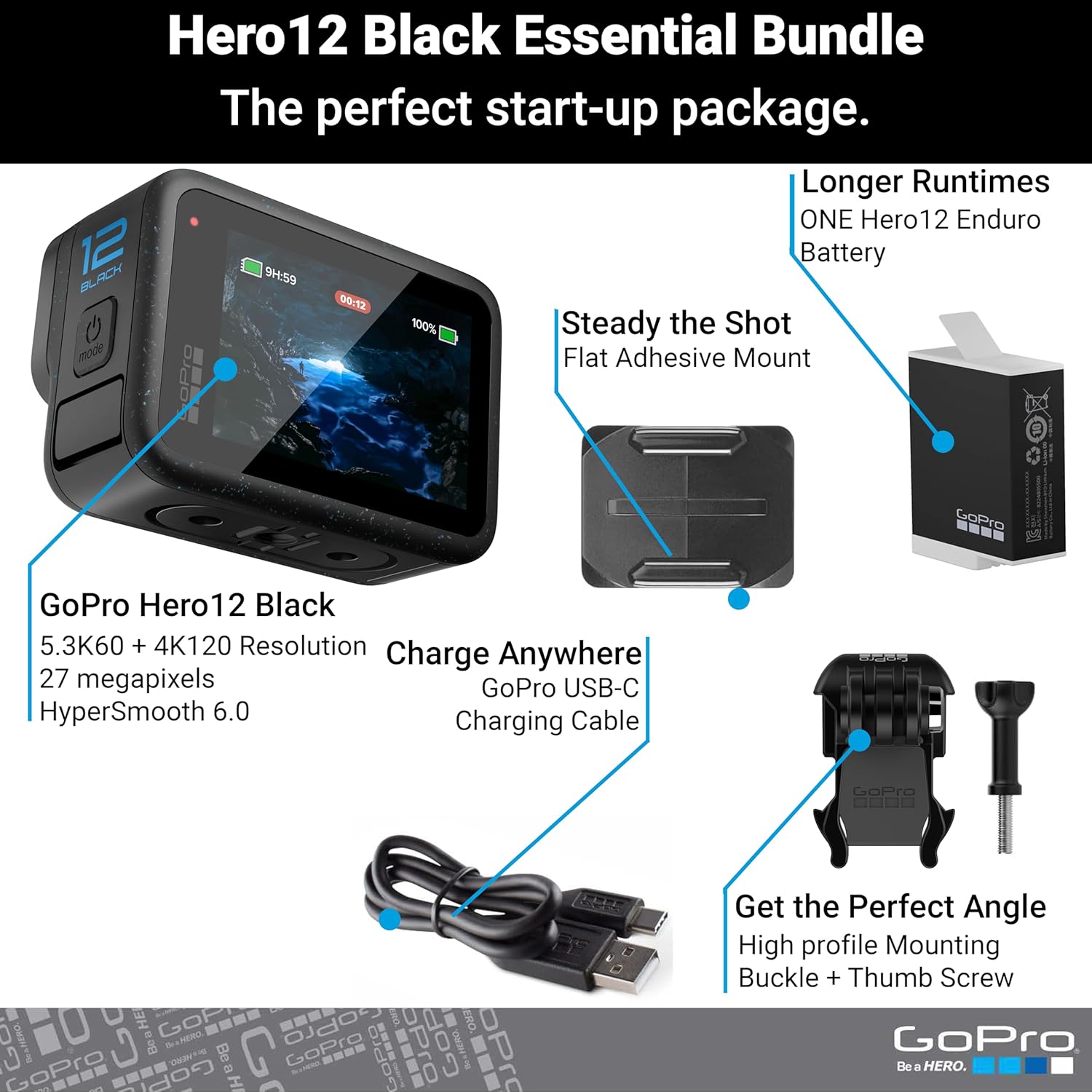 GoPro Hero12 Black E-Commerce Package - Waterproof Action Camera with 5.3K60 Ultra HD Video, 27MP Photos, HDR, 1/1.9