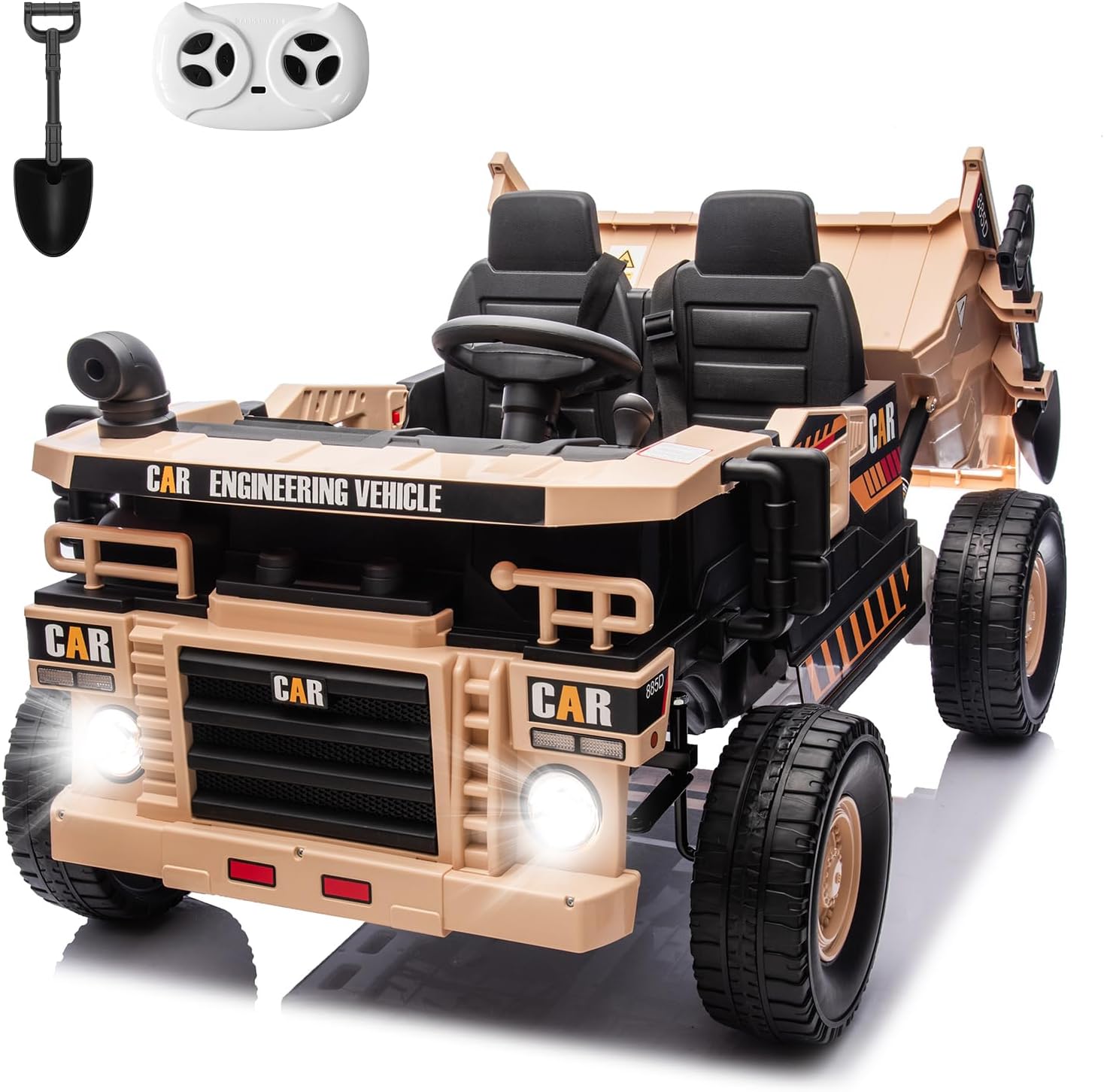 24V 2-Seater Kids Ride-on Dump Truck, Electric Car for Kids with Remote Control, Electric Dump Bed, Shovel, Key Start, Safety Belt, Gift for Boys Girls (Khaki, 24V)