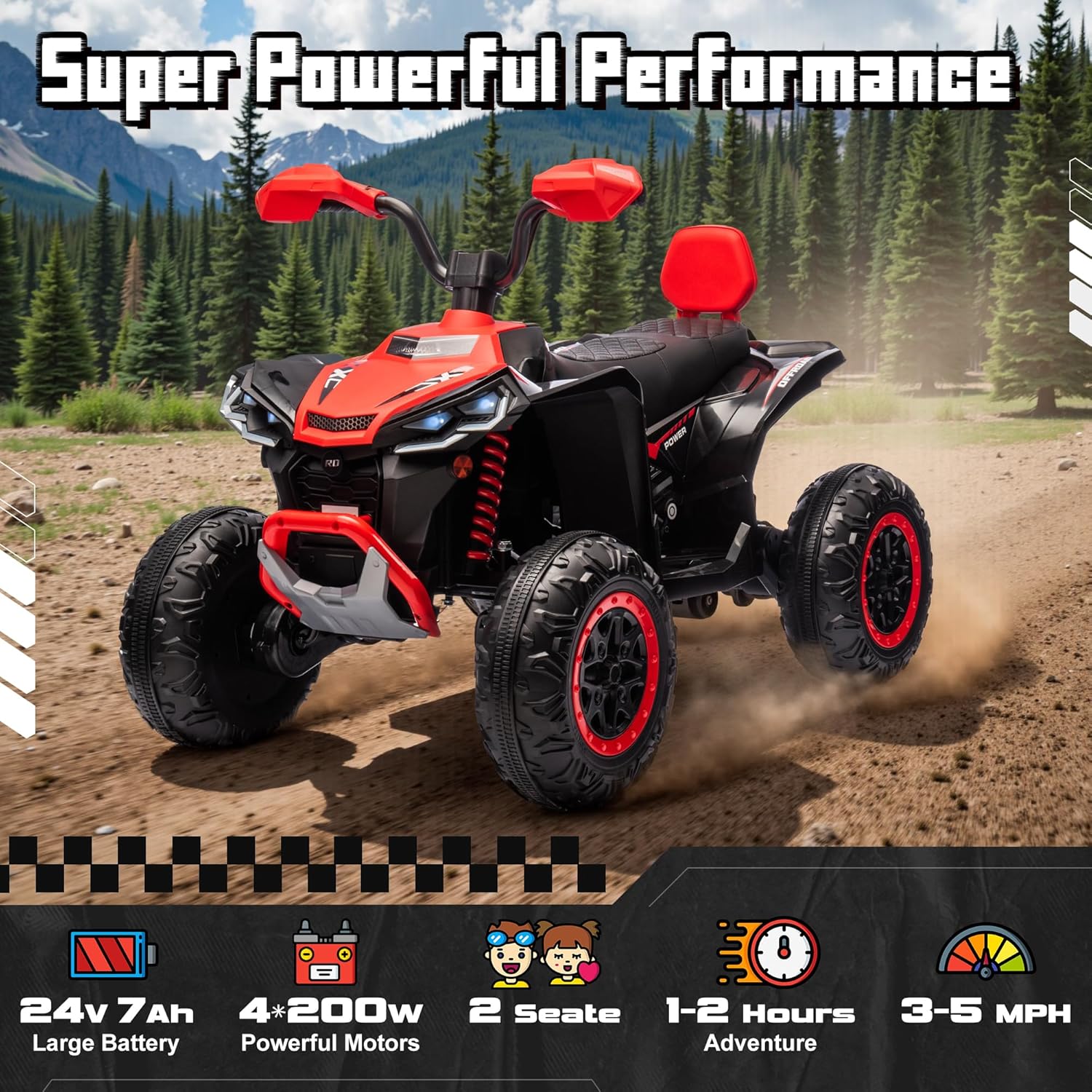 24V Ride On Car for Kids 2 Seater, ANRLI 4X4 Kids ATV 4 Wheeler w/800W Motor, Battery Powered Electric Vehicle Quad w/Leather Cushion, Kneepads, Pull Bow, Spring Suspension, Bluetooth