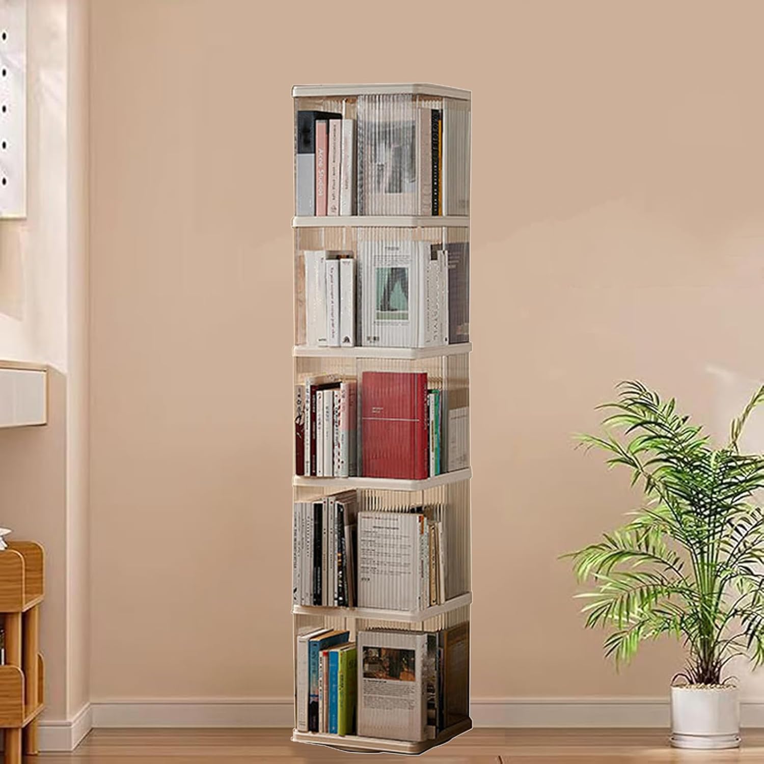 Transparent Acrylic Rotating Bookshelf Tower, 360° Spinning Bookshelf, Stackable Revolving Bookcase for Small Space, Floor Standing Book Shelf for Bedroom, Living Room
