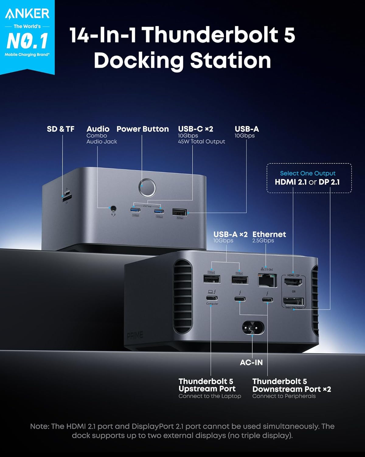 Anker Prime TB5 Docking Station, 14-in-1 Thunderbolt 5 Dock with 120Gbps Max Transfer, Thunderbolt Dock with 140W Max Charging, Cooling System, Up to 8K, Dual Display for TBT 5/4 Laptops