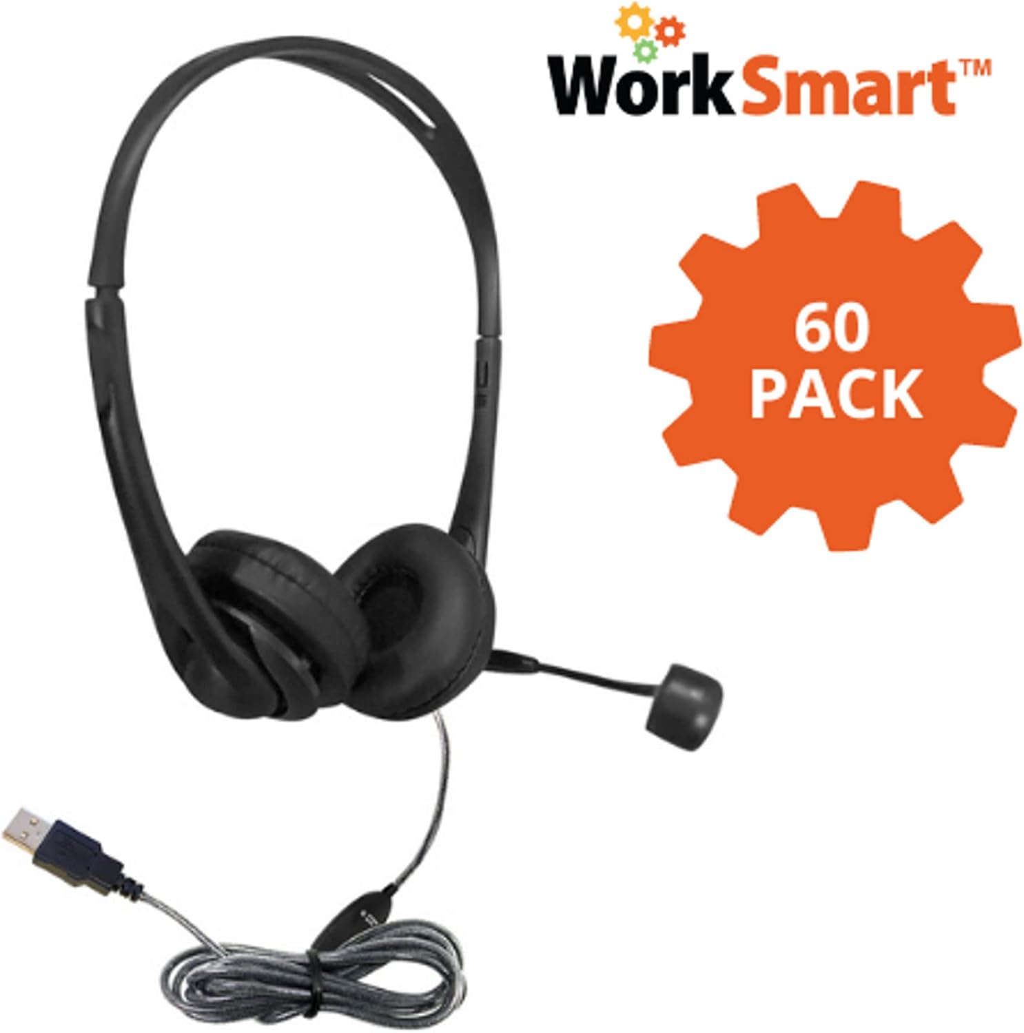 HamiltonBuhl WS2BK-60 Personal-Sized USB Multimedia Headset with Steel-Reinforced Gooseneck Mic (Pack of 60), 30mm Speaker Drivers, 32Ω Impedance, Adjustable Headband, 5' Dura-Cord
