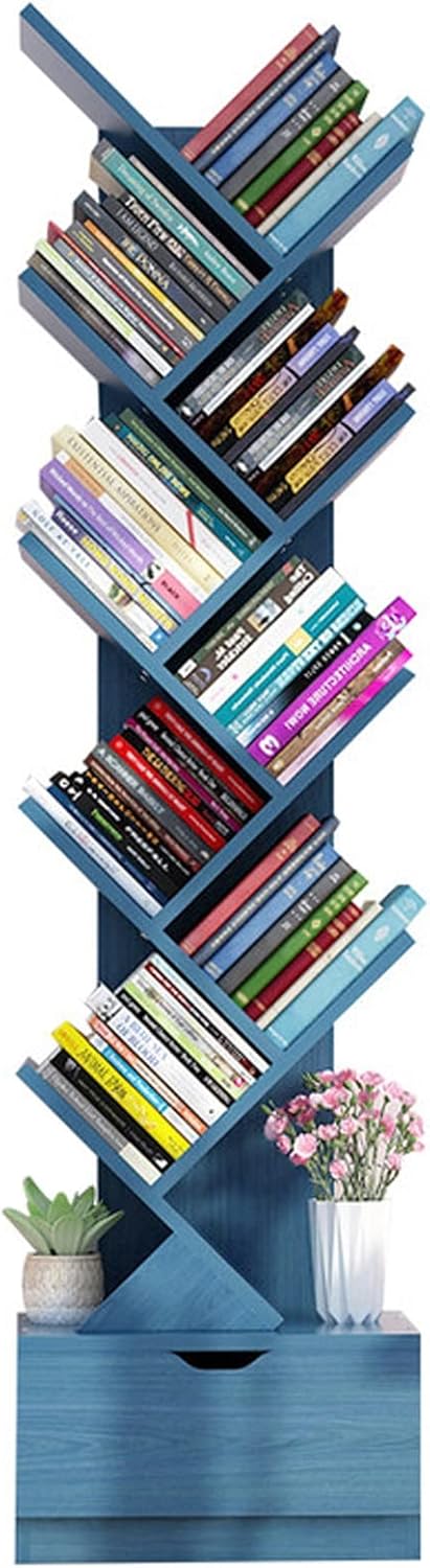 Bookcases Tree Bookshelf with Drawer 10 Shelf Rustic Blue Bookcase Desktop Bookshelves Storage Rack for CDs Movies Books Bookcases and Book Shelves