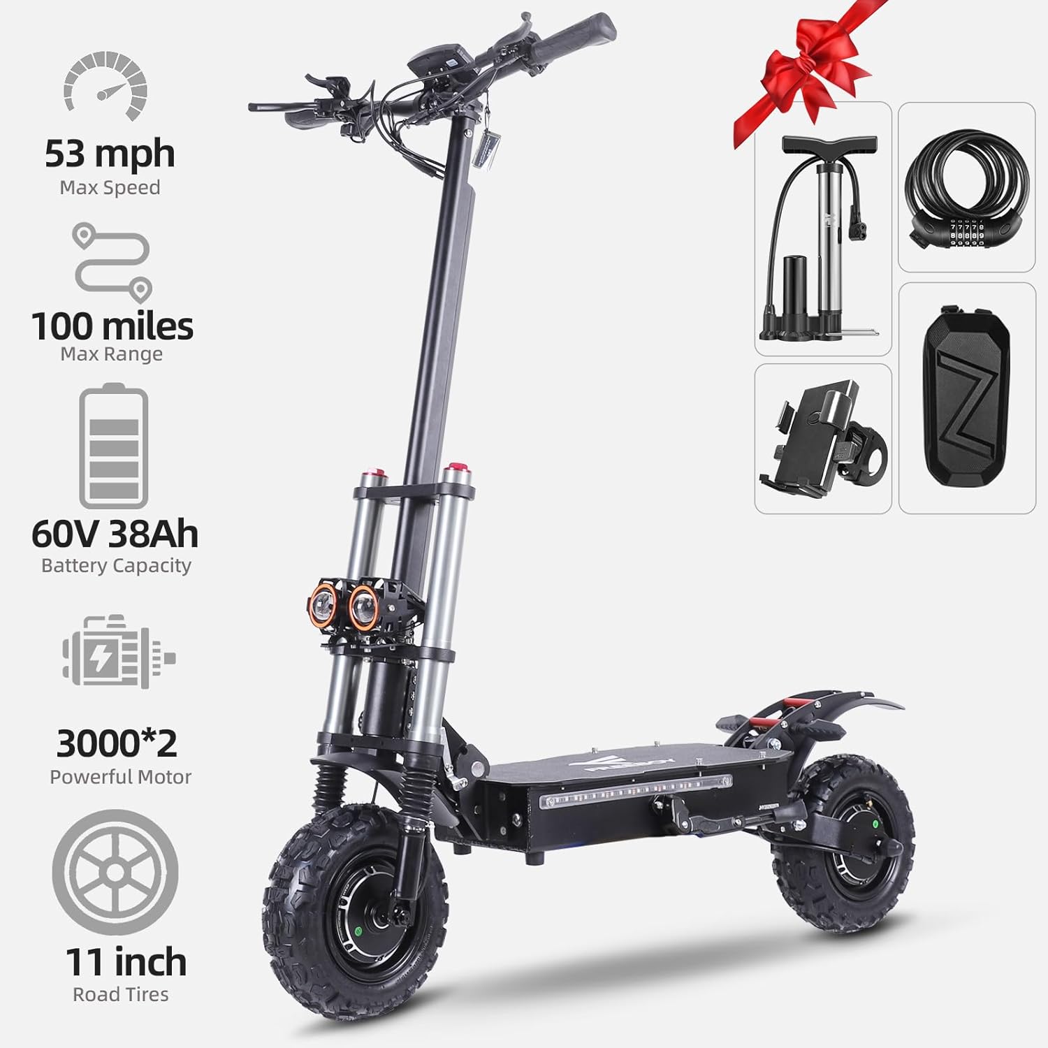 Super Off Road Electric Scooter Adults, 6000W Peak Motor, 63V 38Ah Battery, 53 Mph Max, Speed w/ 75 Miles Max Range, 11