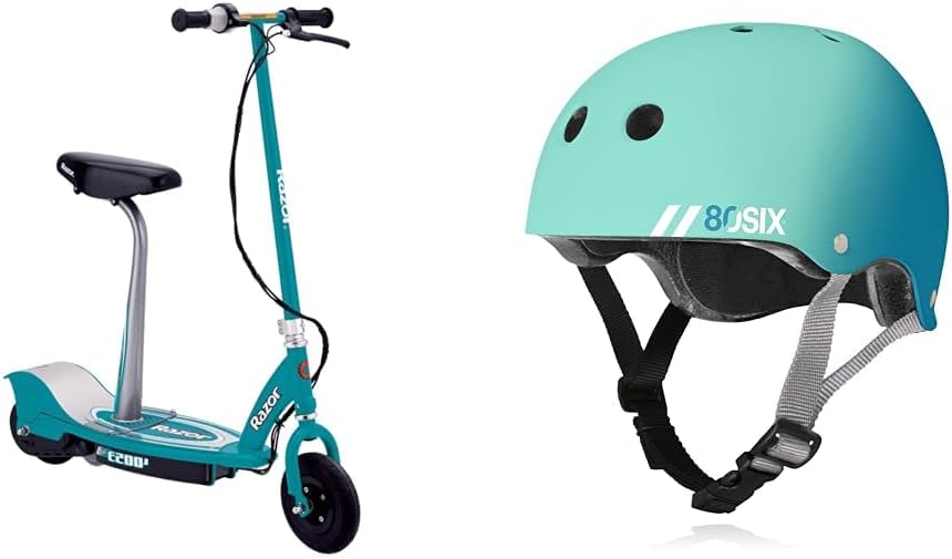 Razor E200S Electric Scooter Bundle with 80Six Kids Bike and Scooter Helmet, Surf Green Teal Fade, Small/Medium Ages 8+