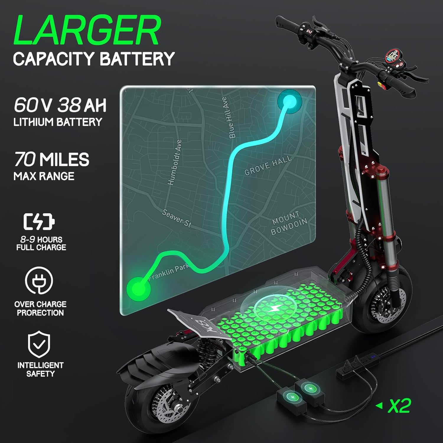 Electric Scooter Adult K8 6000w Dual Motor, Max Speed 50MPH Range 70 Miles, 12 Inch Street Tires Commuter Dual Suspension E-Scooter with Seat and RGB Light