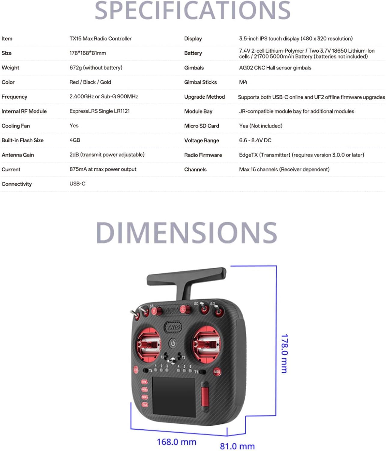 RadioMaster TX15 Max V5.0 16CH 2.4G RC Transmitter - ELRS, 3.5