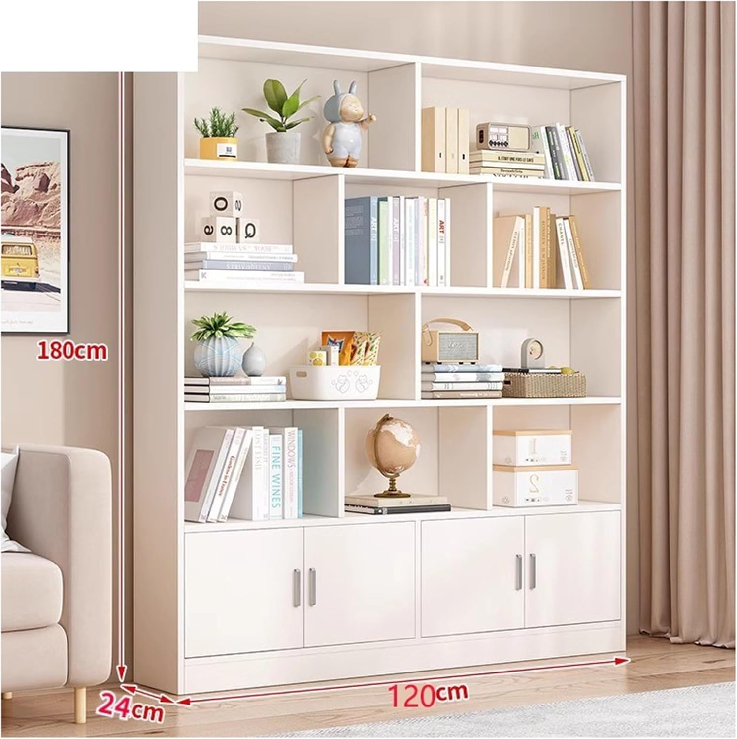 KIRANDY Solid Wood Wall-Leaning Bookshelf with Door, Multifunction Bookcase for Bedrooms and Living Rooms (Color : 120x24x180cm)