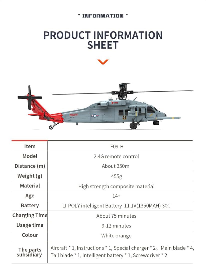 RC Brushless Helicopter, YUXIANG F09-H SH60 Seahawk 1/47 8CH Dual Brushless DD 6G/3D Stunt Copter Model (Include FC&GPS/RTF Version), 42 x 42.5 x 12cm