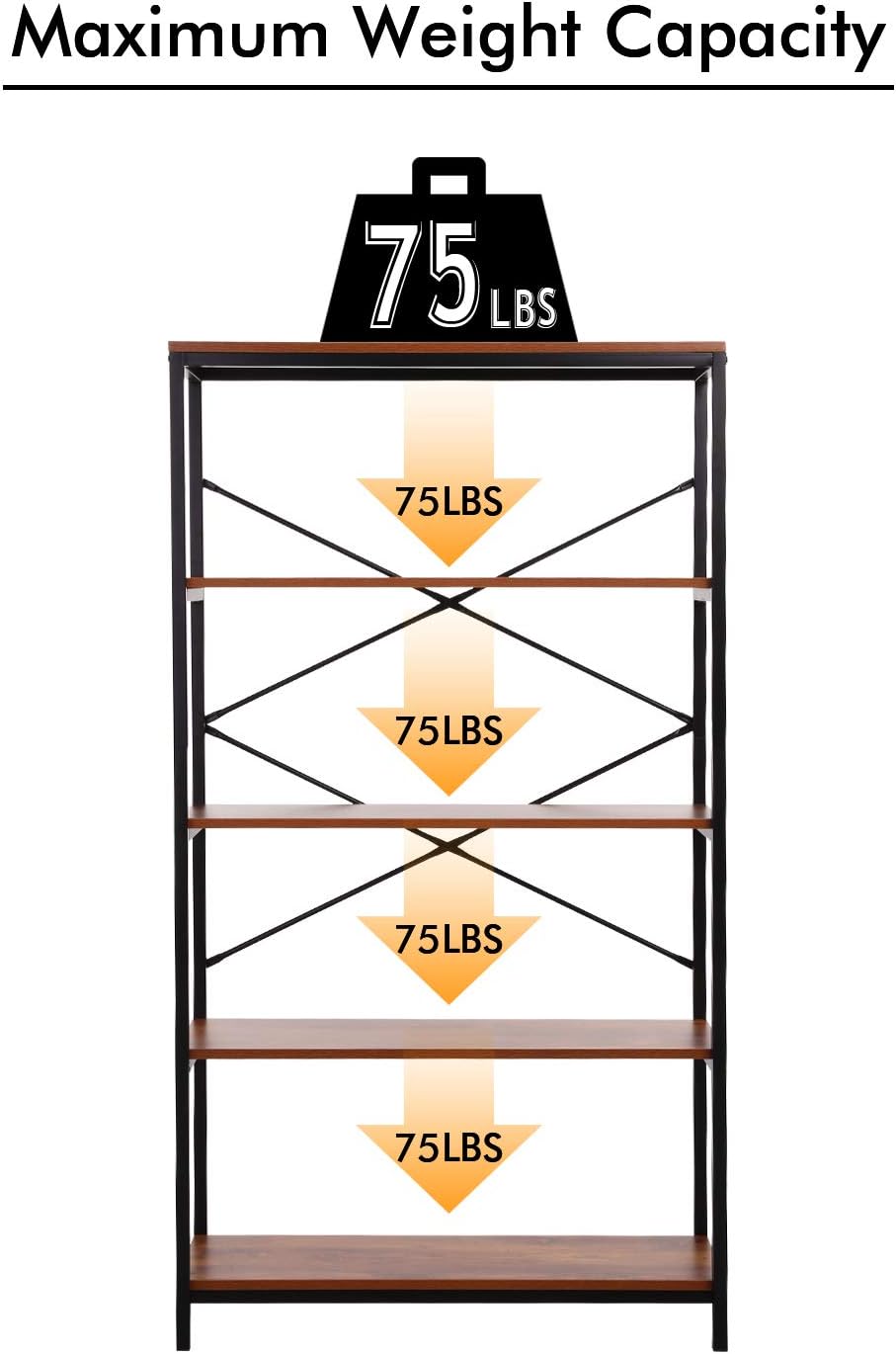 Modrine 4 Shelf Bookcase, Bookshelf Industrial Style Metal and Wood Bookshelves, Open Wide Home Office Book Shelf