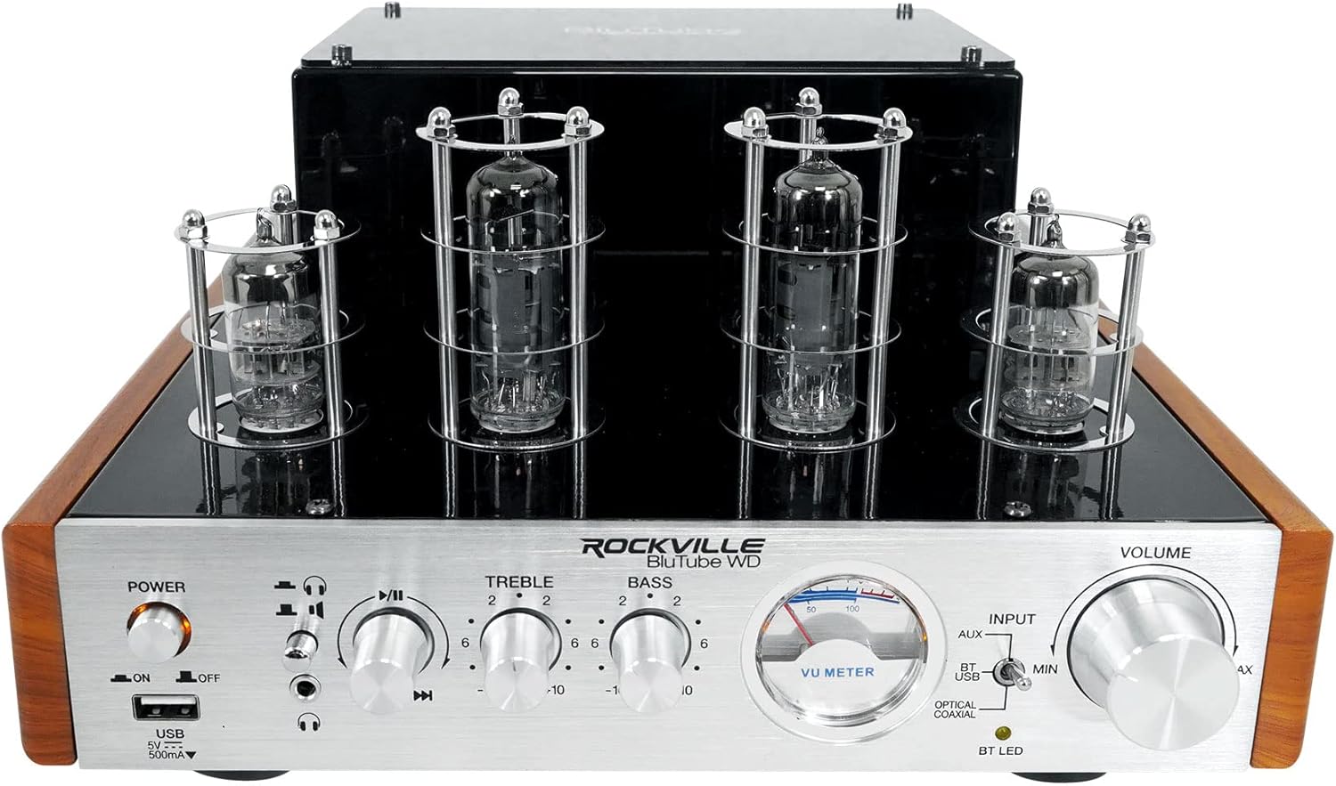 Rockville BluTube Bluetooth Tube Amplifier+6.5 inches Wood Bookshelf Speakers+8 inches Sub