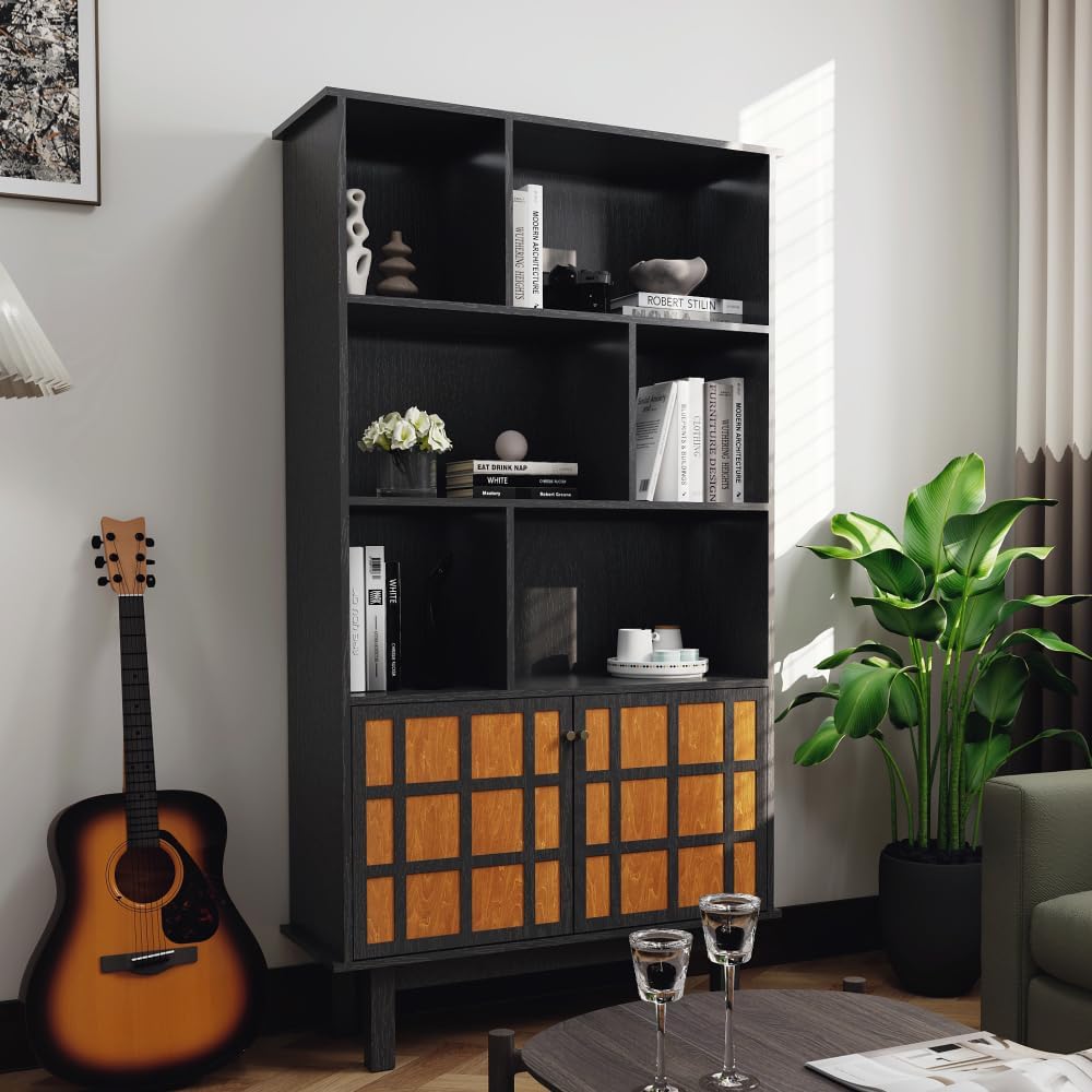 RadiantName Bookcase with Cabinet, Bookshelf with Doors, Black&Honey