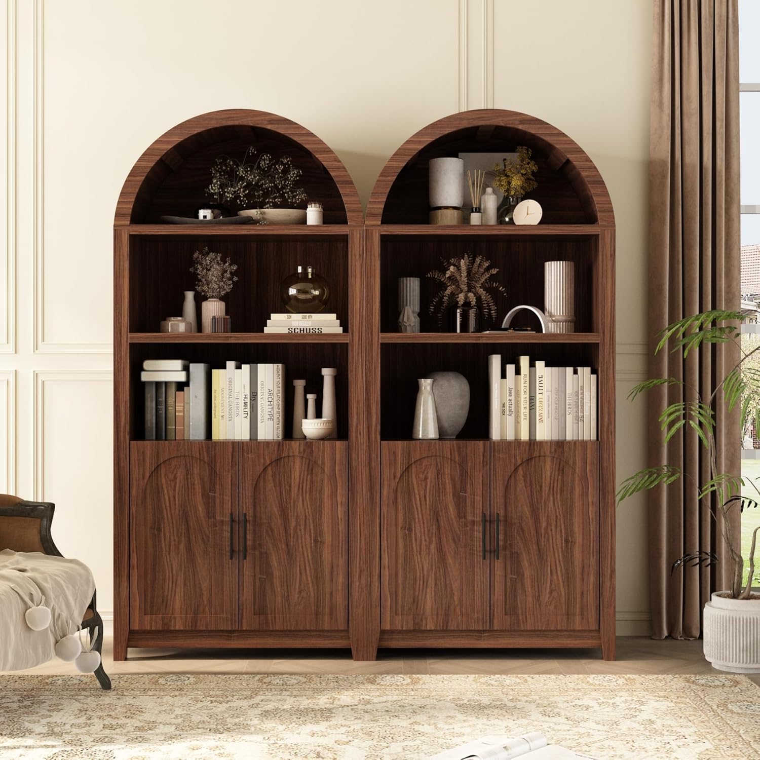 RowyPoey Rattan Arched Cabinet Bookshelf - 69.3” Tall Mid Century Display Cabinet, Rounded Bookcase with Rattan Doors, Open Shelf Storage for Dining Room (Walnut, 2 PCS)