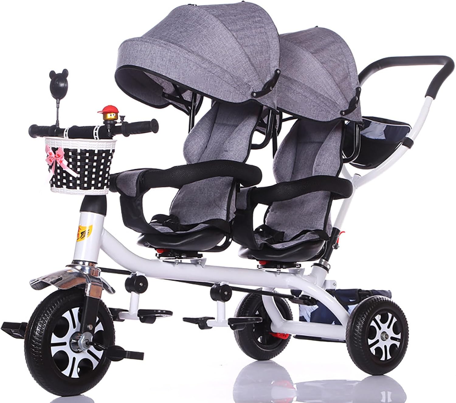 Twin Stroller Tricycle for Kids - Adjustable Push Bike with Parent Handle & Safety Footrests, Includes Storage Bag Safe Balance Bike for Toddlers,Gray