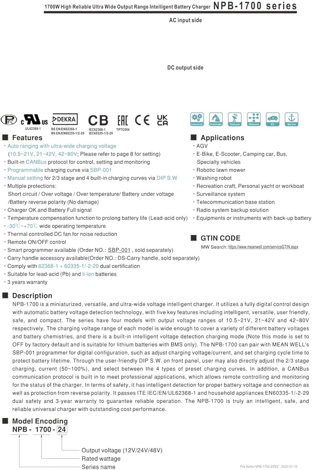 1700W Wide Output Range Battery Charger NPB-1700-12 NPB-1700-24 NPB-1700-48(NPB-1700-24)