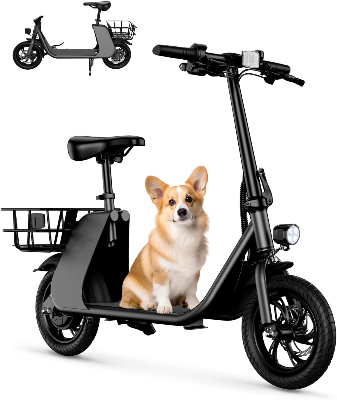 Windhorse Electric Scooter with Seat, 20 Miles Range, 15.5 MPH Speed, 650W Peak Motor Power,Dual Disc Brakes, Foldable Commuter Electric Scooter for Adults and Teens, 2 Baskets, Max Load 265 Ibs